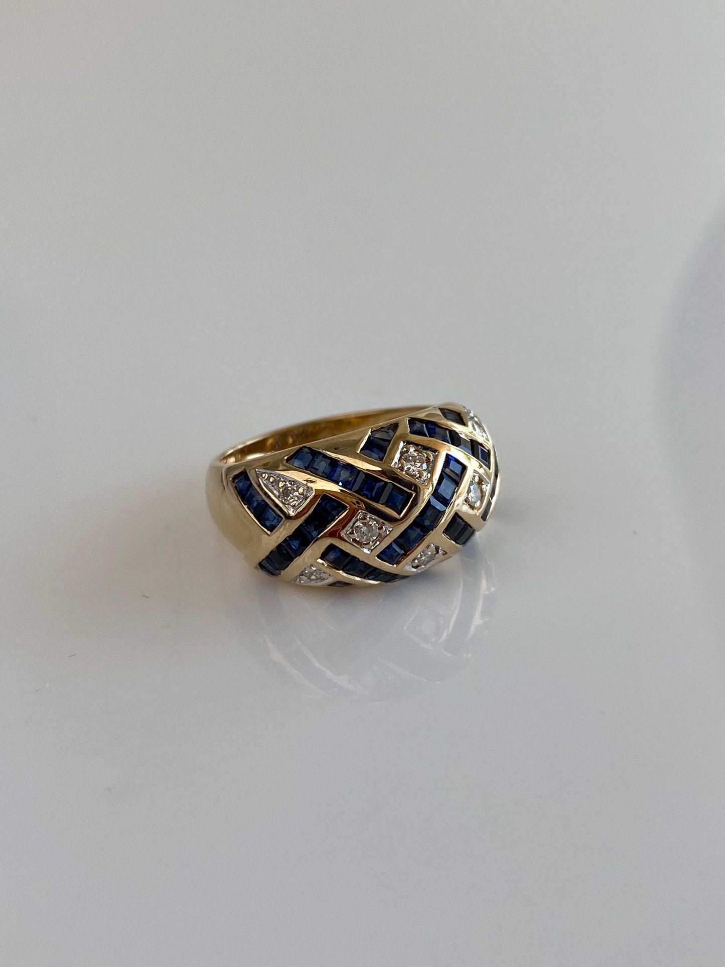 Vintage Solid 14k Yellow Gold Diamond Blue Sapphire Domed Ring - Size 6.75