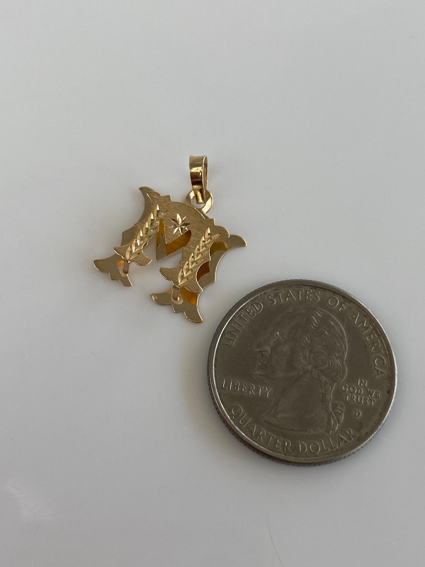Solid 14k Yellow Gold Diamond Cut Initial "M" Elevated Charm