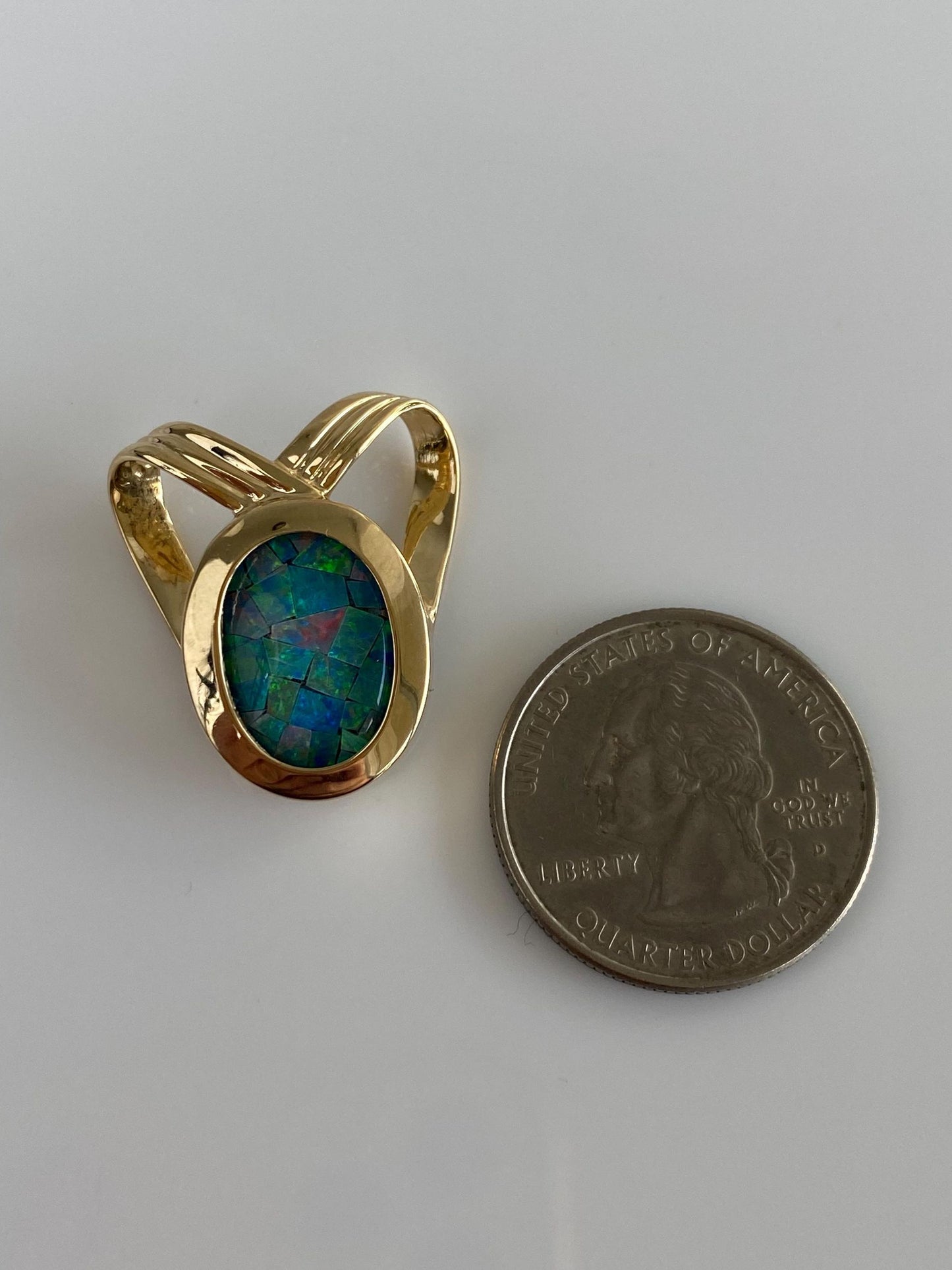 Vintage Solid 14k Yellow Gold Opal Mosaic Triplet Slide Charm