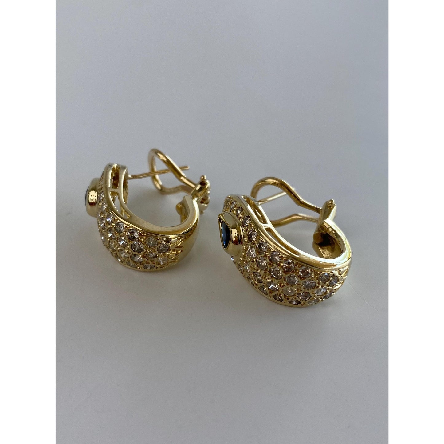 Solid 14k Yellow Gold Diamond Blue Sapphire Drop Earrings