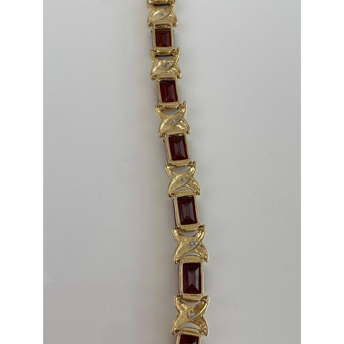Solid 14k Yellow Gold Garnet Diamond X Link Chain Bracelet - 7 inches