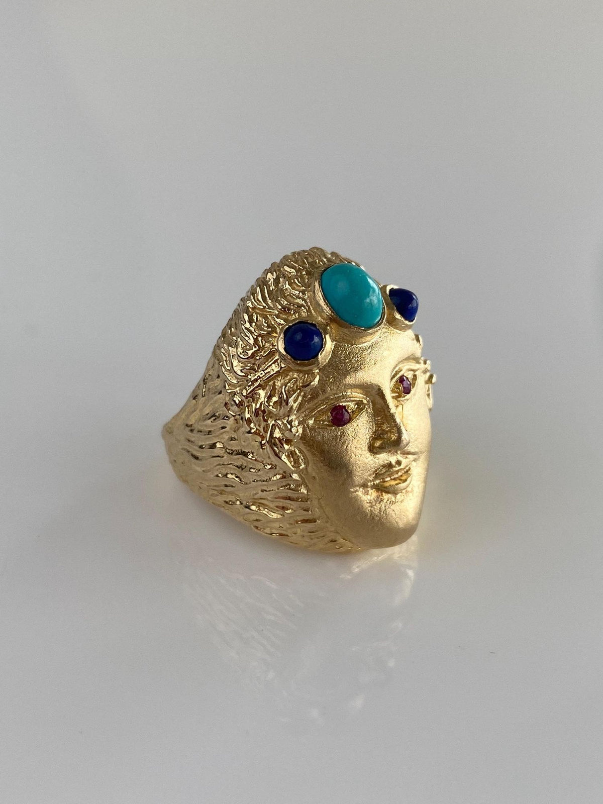 Vintage Solid 14k Yellow Gold Pink Sapphire Eyes Turquoise Lapis Face Ring - Size 6