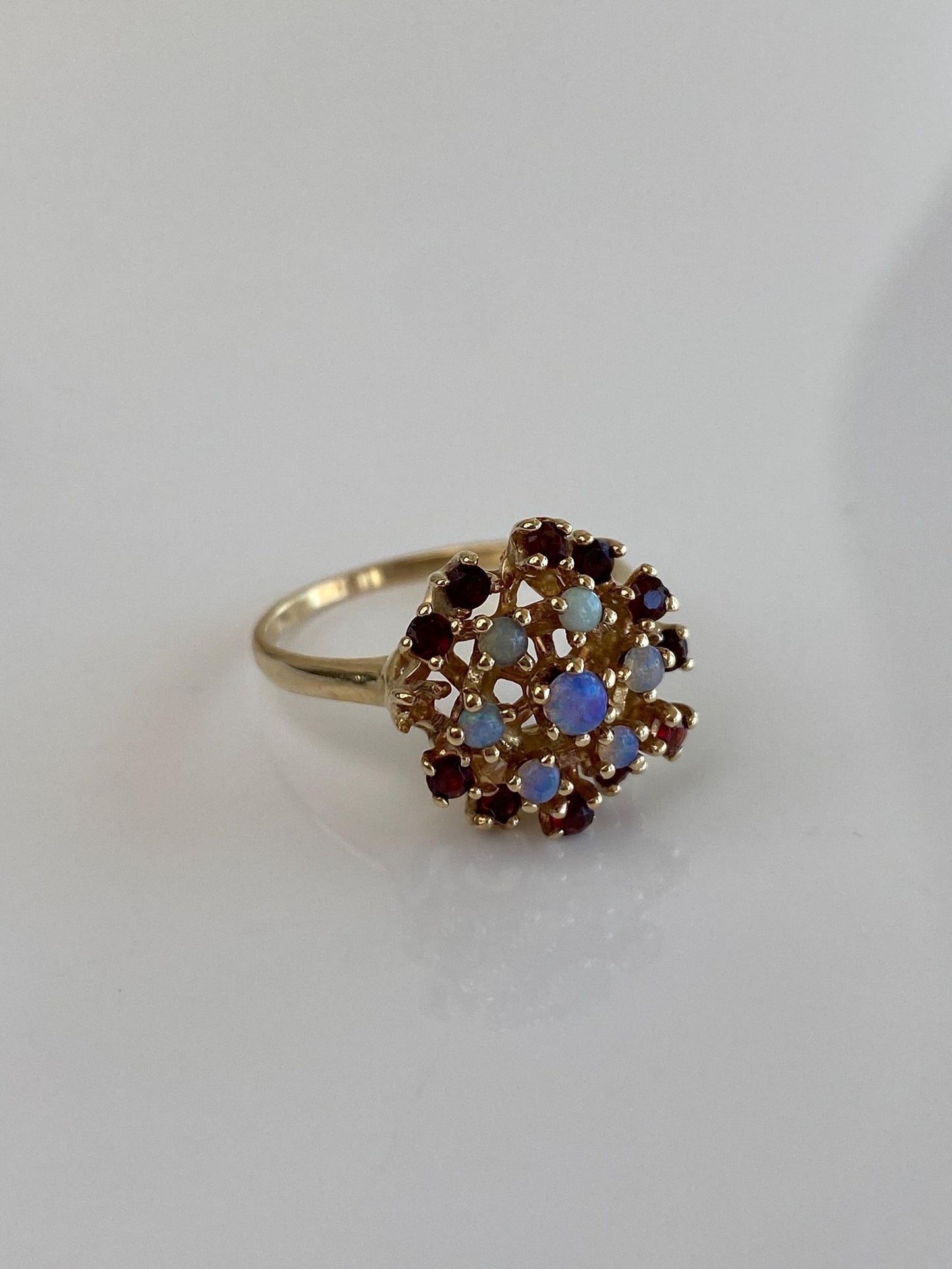 Vintage Solid 10k Yellow Gold Opal Garnet Cluster Ring - Size 9