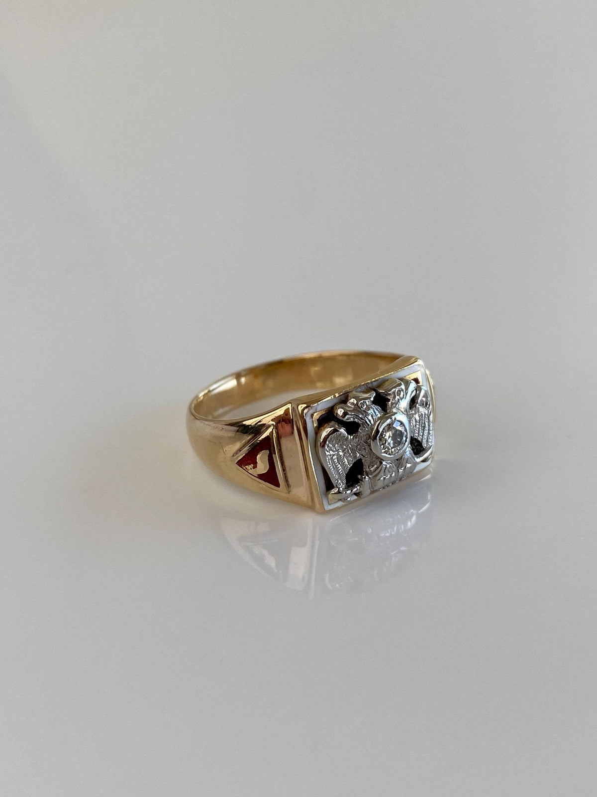 Vintage Solid 14k White & Yellow Gold Masonic Diamond Enamel Eagle Ring Band - Size 7.25