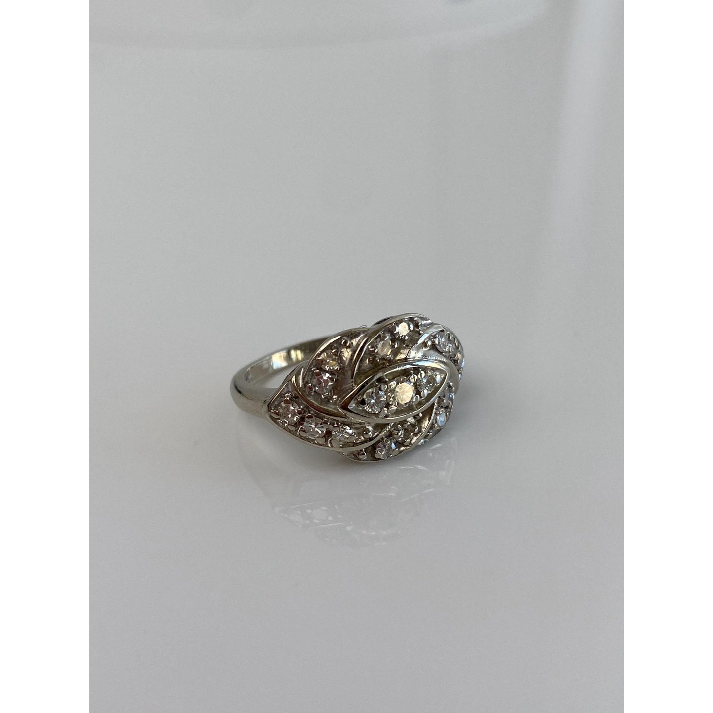 Vintage Solid 14k White Gold Diamond Cluster Art Deco Style Ring - Size 5.5