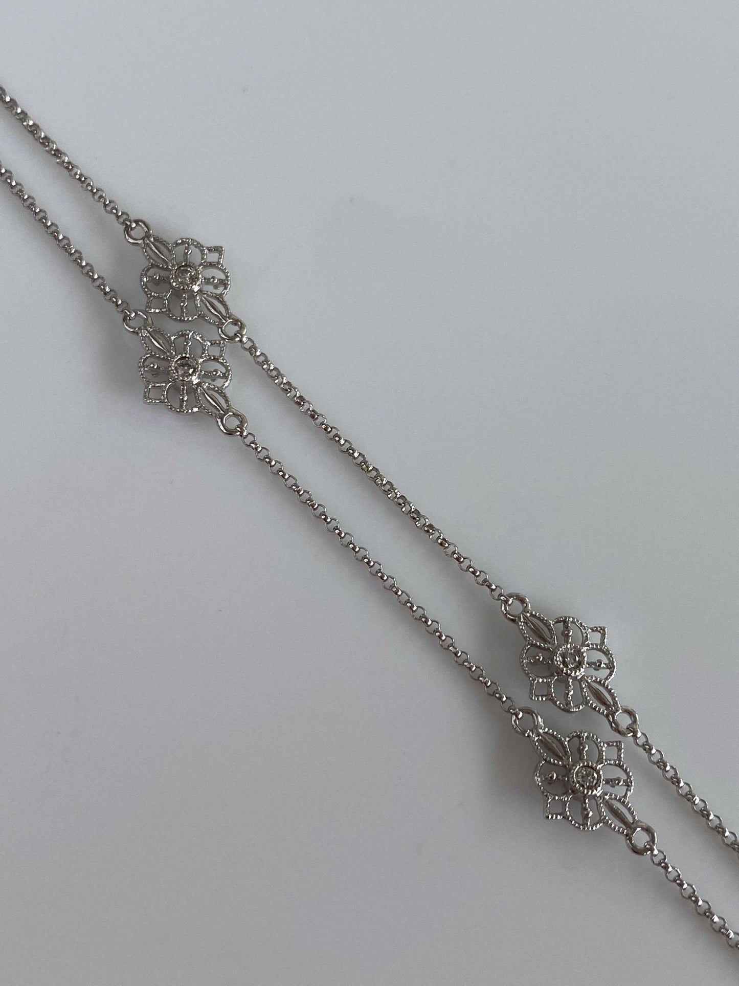 Vintage Solid 14k White Gold Diamond Flower Link Rolo Chain Double Strand Bracelet - 7.25 inches
