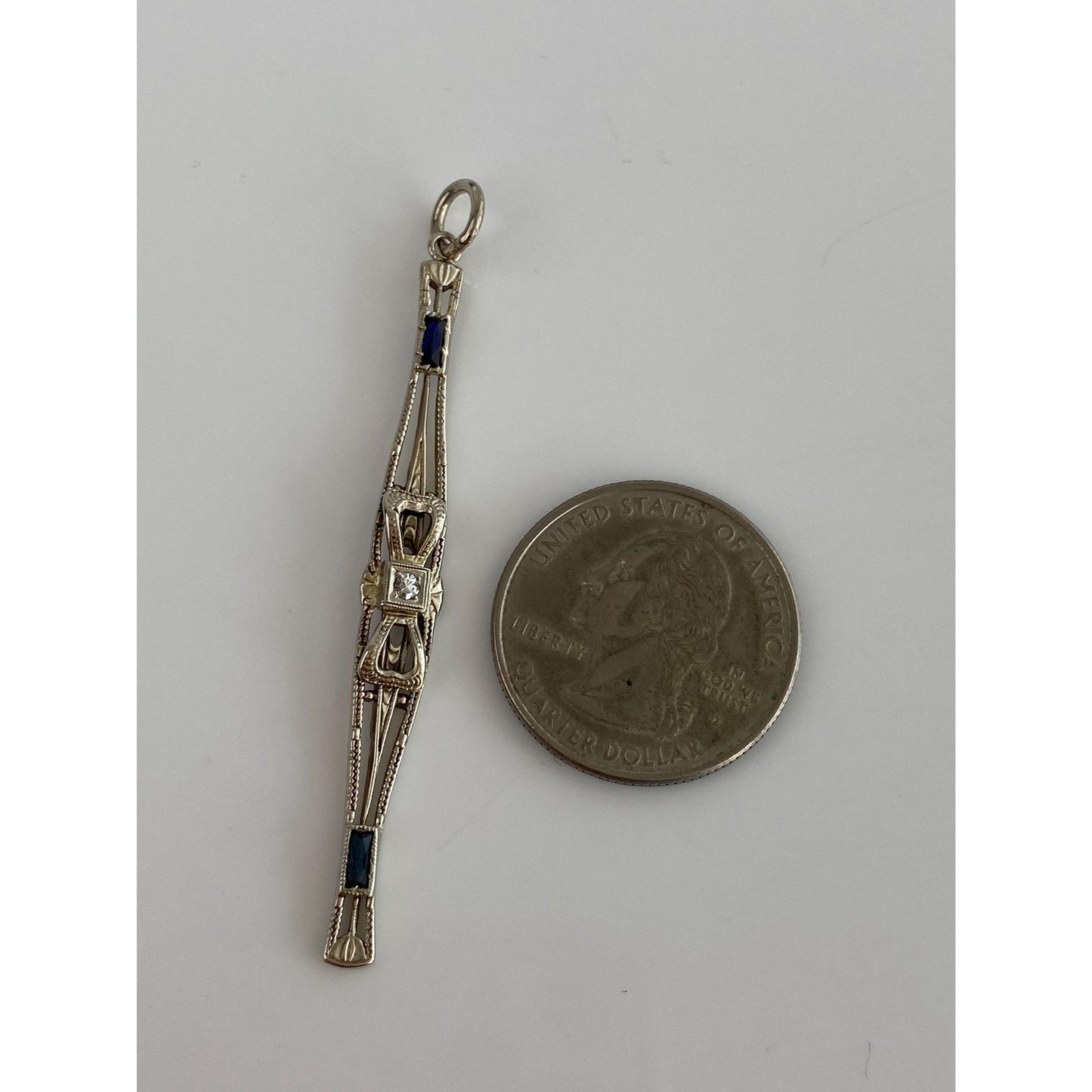 Vintage Solid 14k White Gold Diamond Blue Sapphire Art Deco Bar Pin Conversion Charm