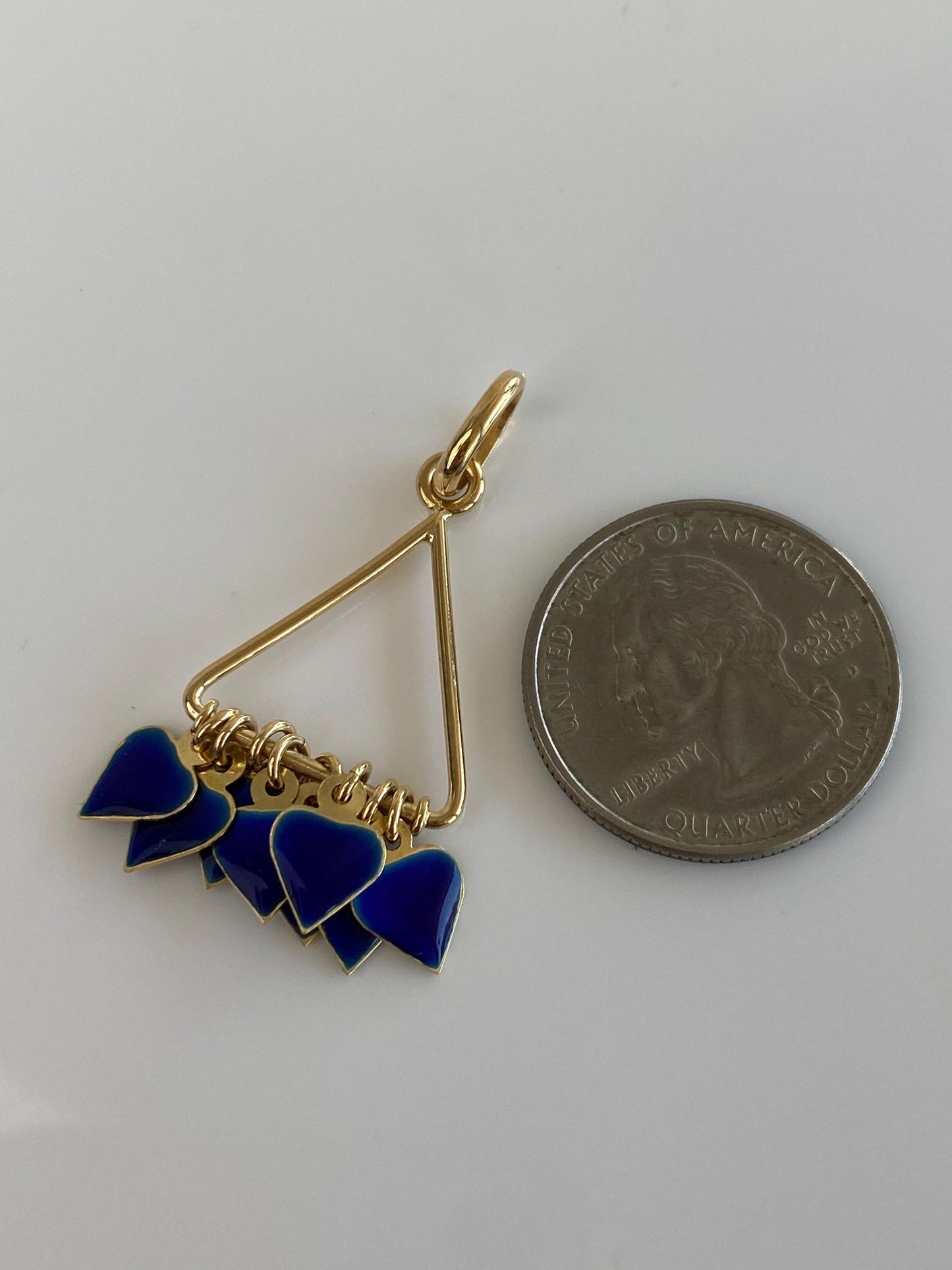 Vintage Solid 18k Yellow Gold Blue Enamel Hearts Fringe Charm