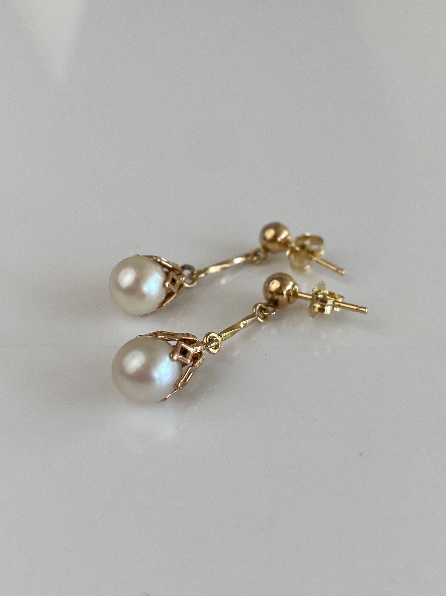 Vintage Solid 10k Yellow Gold Pearl Dangle Studs Earrings