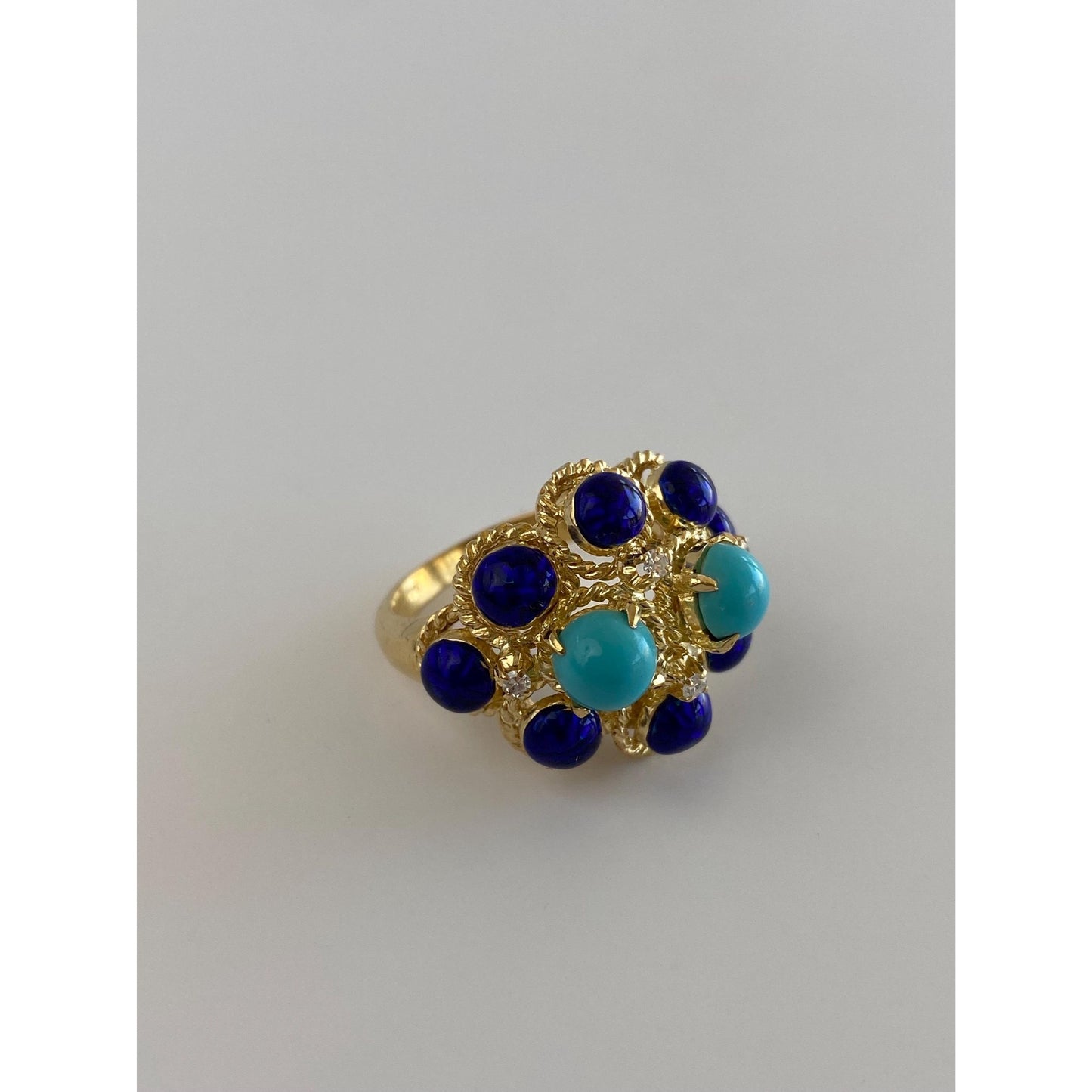 Solid 18k Yellow Gold Diamond Turquoise Blue Lapis Cocktail Ring - Size 7.25