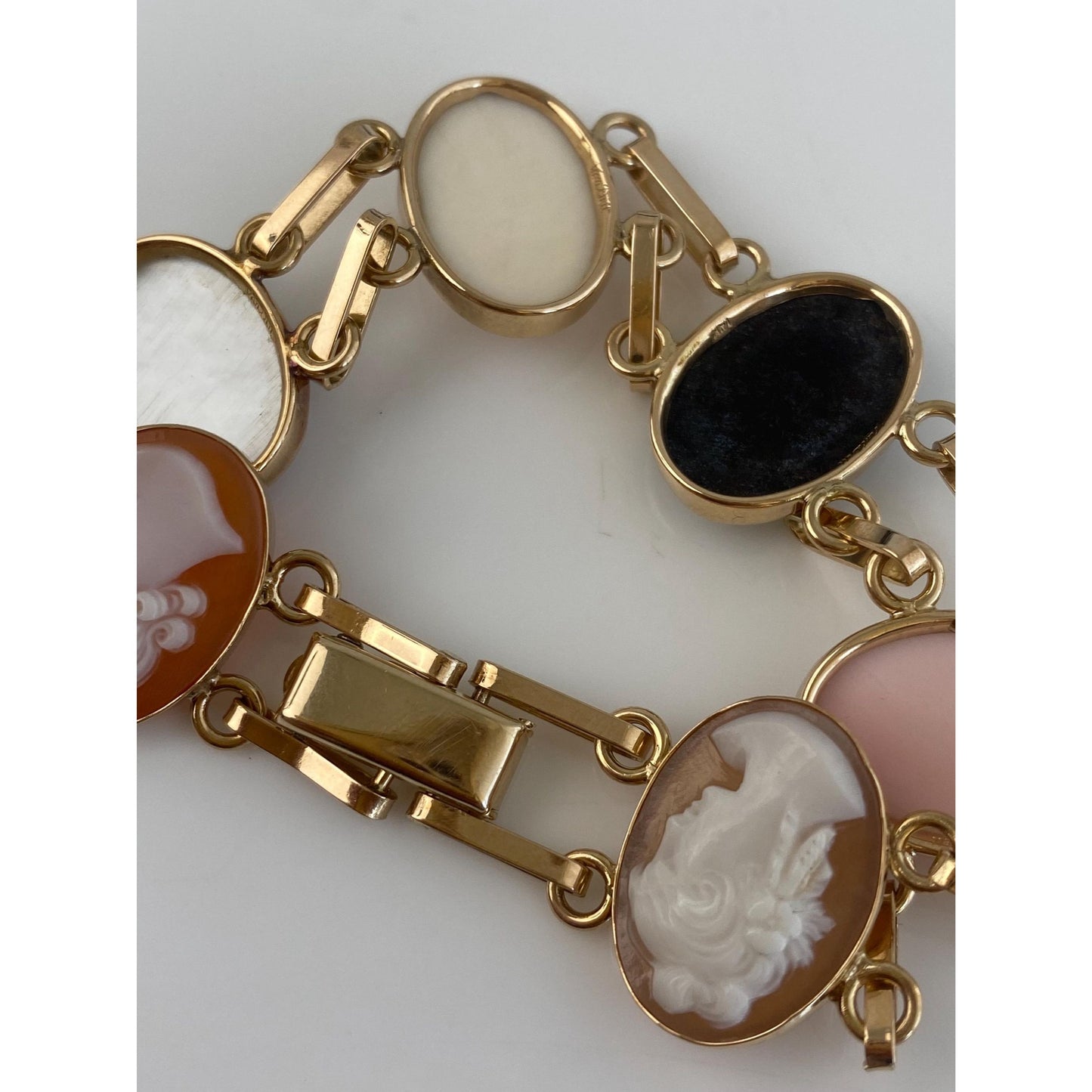 Solid 14k Yellow Gold Carved Abalone Mother of Pearl Cameo Link Bracelet - 7.25 inches