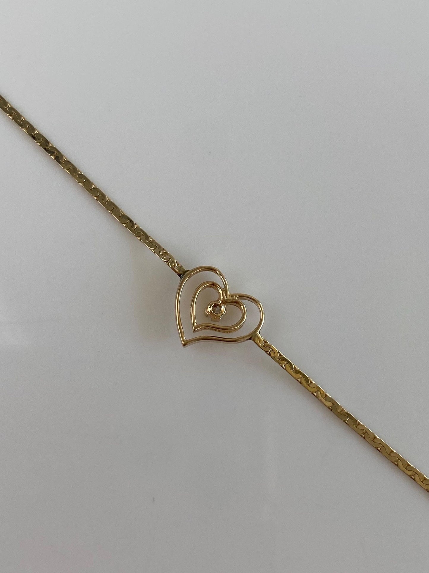 Vintage Solid 14k Yellow Gold Diamond Heart Dainty C Link Chain Bracelet - 6.75 inches