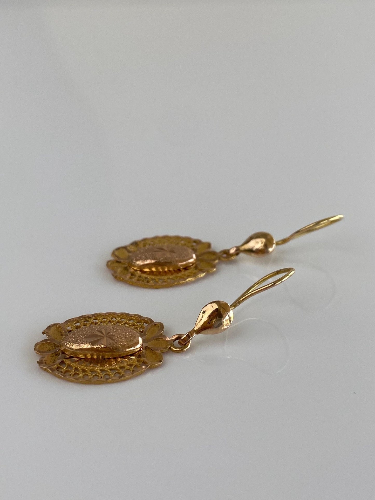 Vintage Solid 14k Rose & Yellow Gold Diamond Cut Dangle Earrings
