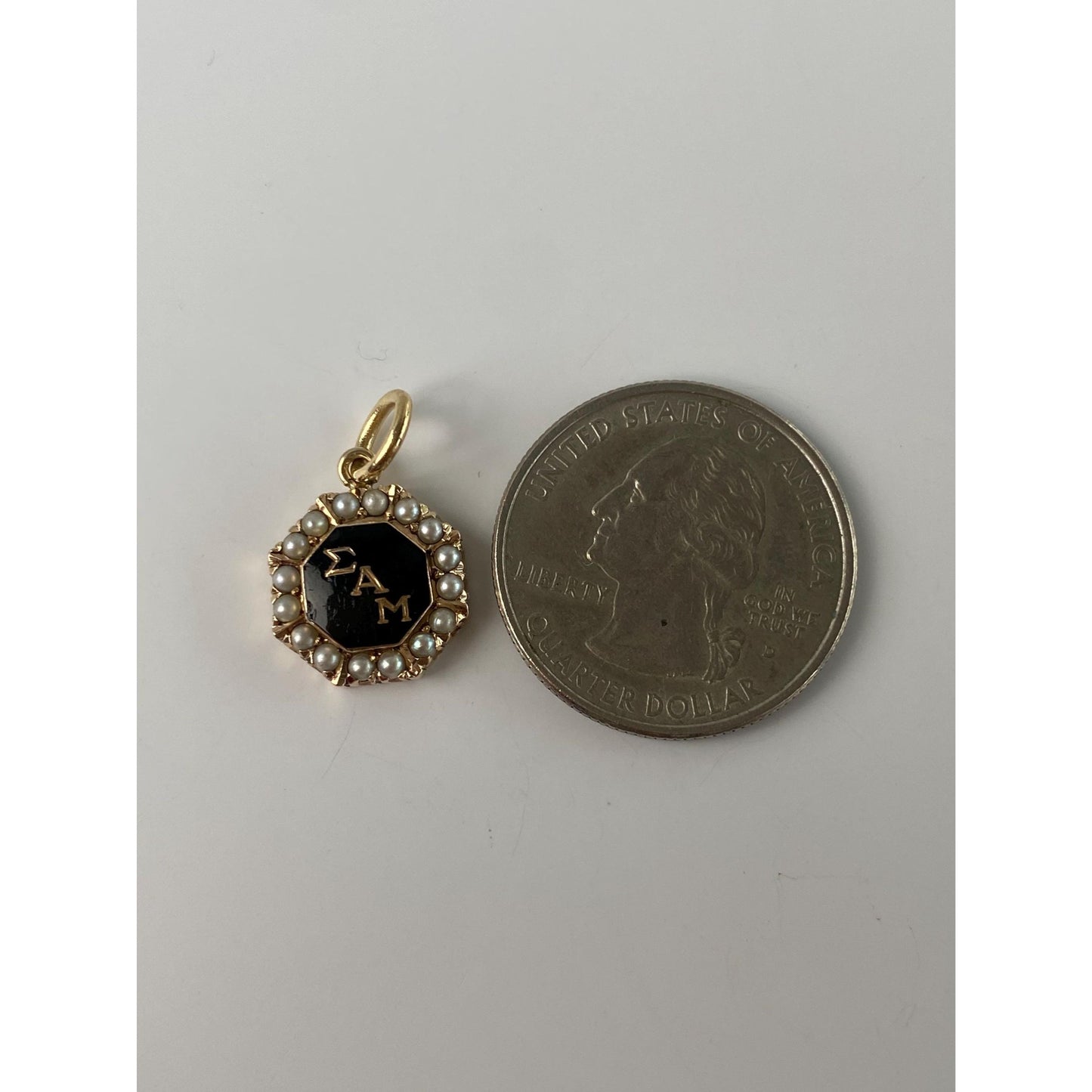Vintage Solid 10k Yellow Gold Black Enamel Seed Pearl Halo Fraternity Charm