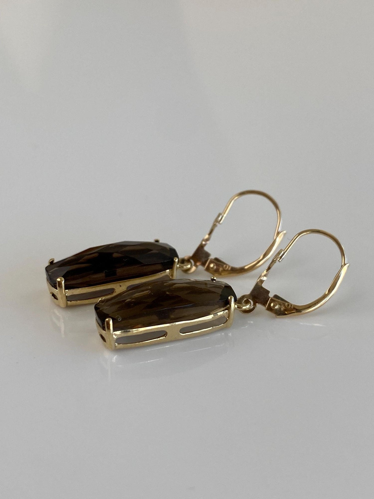 Vintage Solid 10k Yellow Gold Faceted Smokey Quartz Dangle Earrings