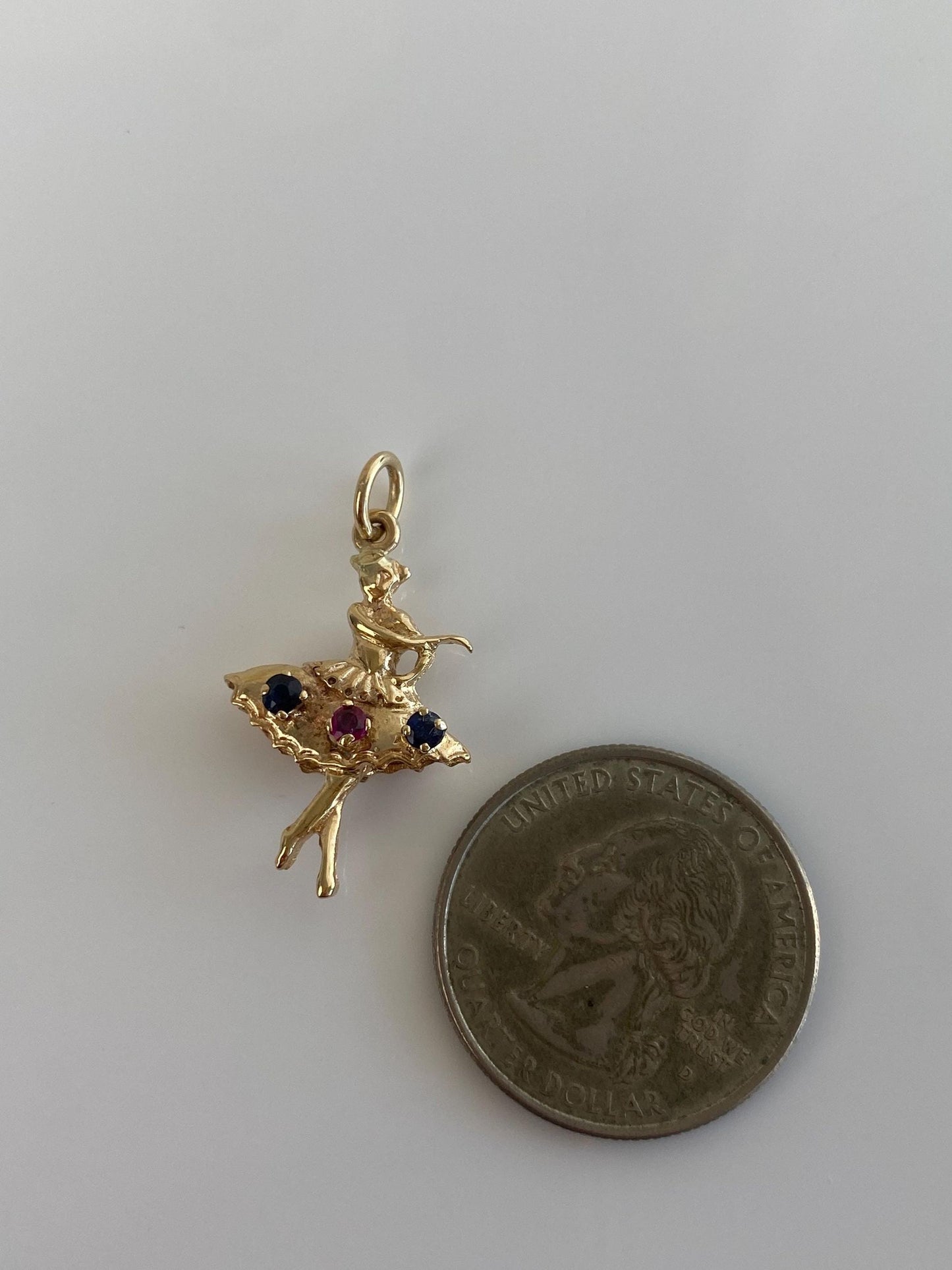 Vintage Solid 14k Yellow Gold Pink and Blue Sapphire Ballerina Charm