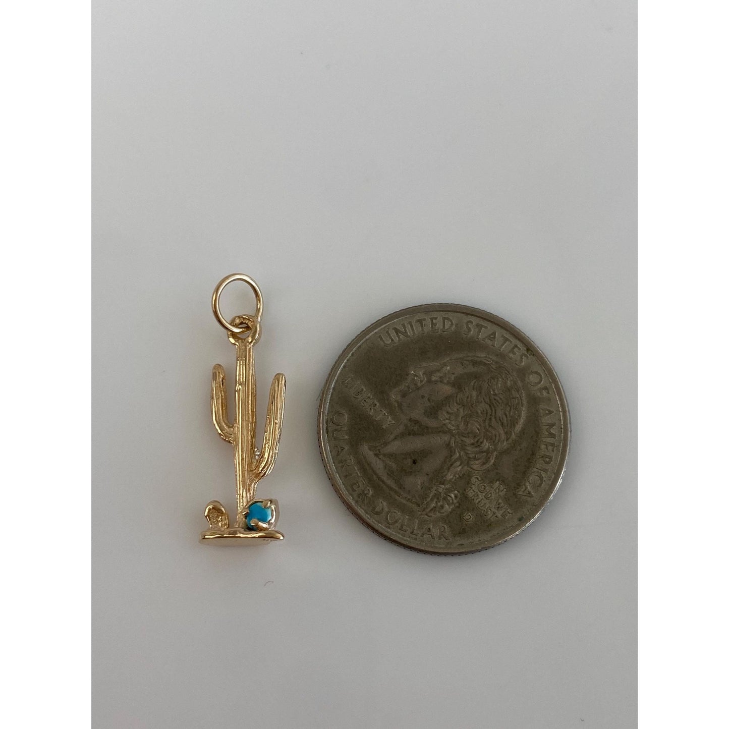 Vintage Solid 14k Yellow Gold Blue Enamel Bead Cactus Charm