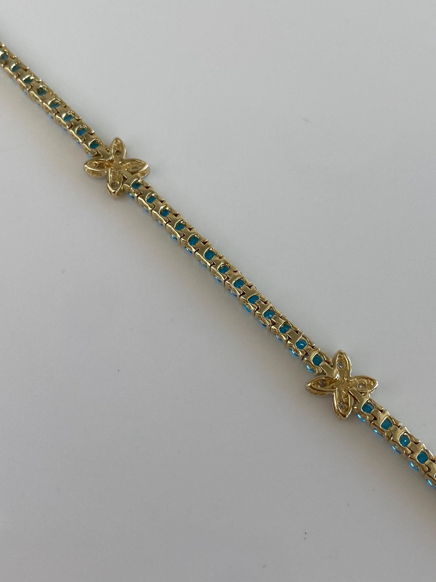 Vintage Solid 14k White & Yellow Gold Diamond Blue Cubic Zirconia Flowers Bracelet - 7 inches