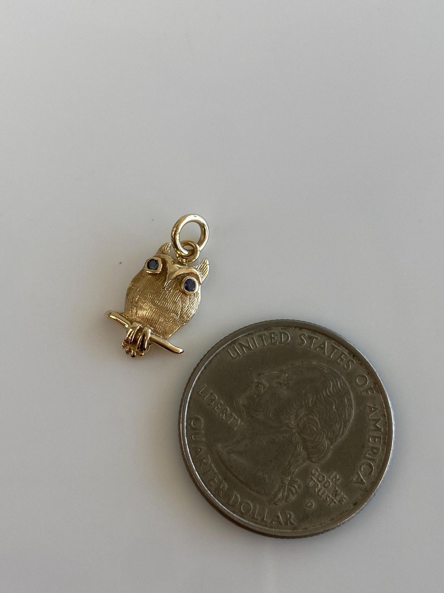 Vintage Solid 14k Yellow Gold Blue Sapphire Eyes Owl Charm