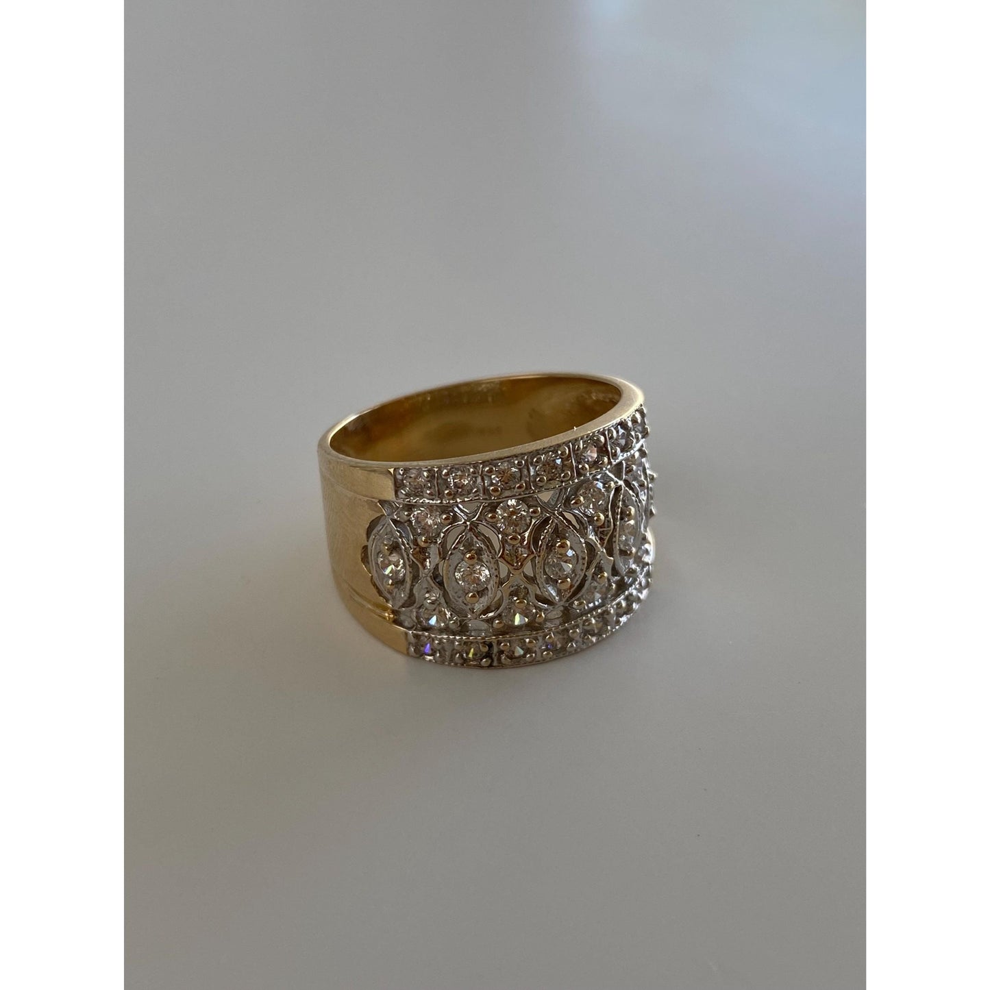 Solid 14k Yellow Gold Cubic Zirconia Open Work Cigar Band - Size 7.75