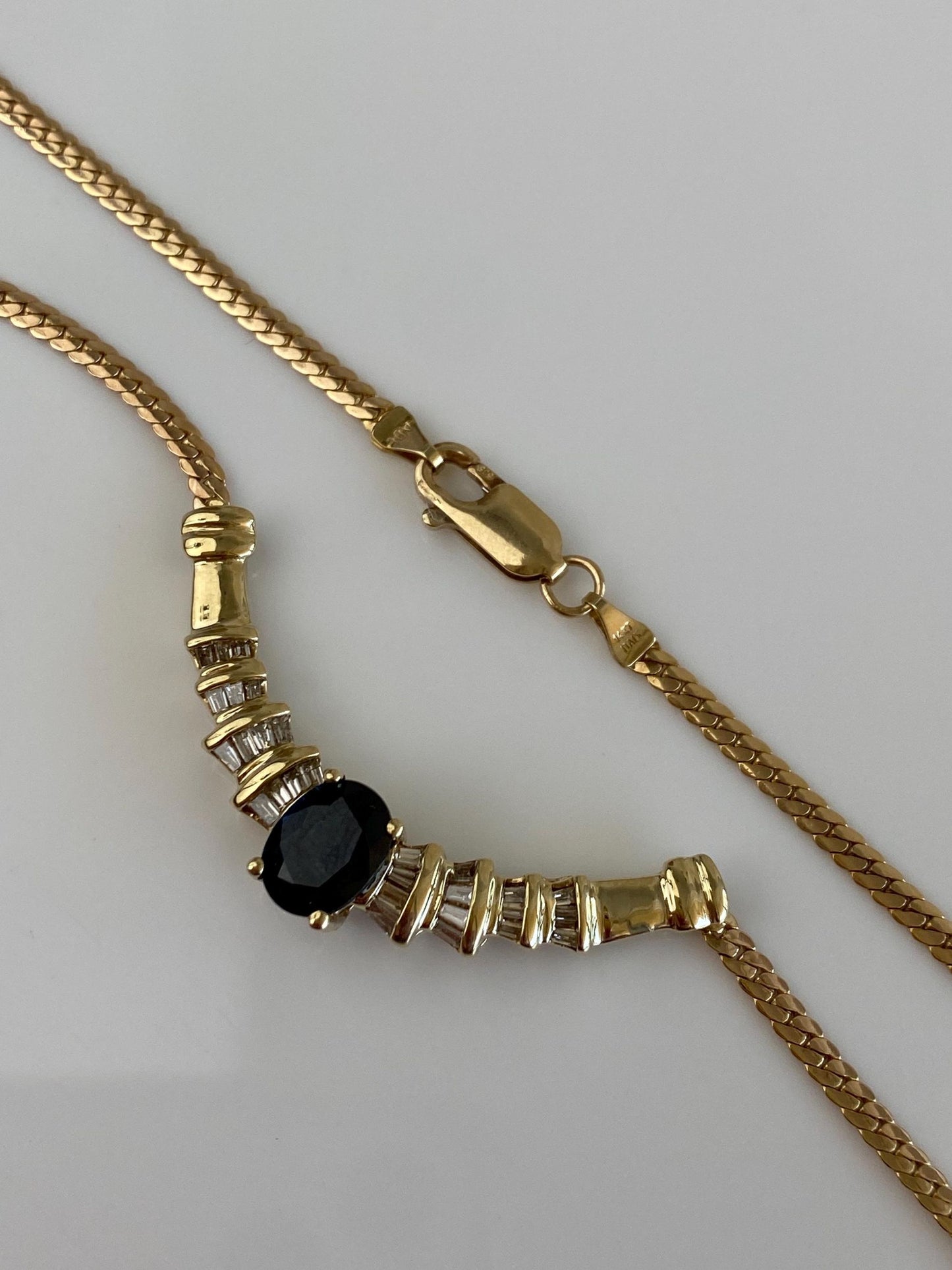 Vintage Solid 14k Yellow Gold Baguette Diamond Blue Sapphire Flat Curb Chain Necklace - 17.75 inches