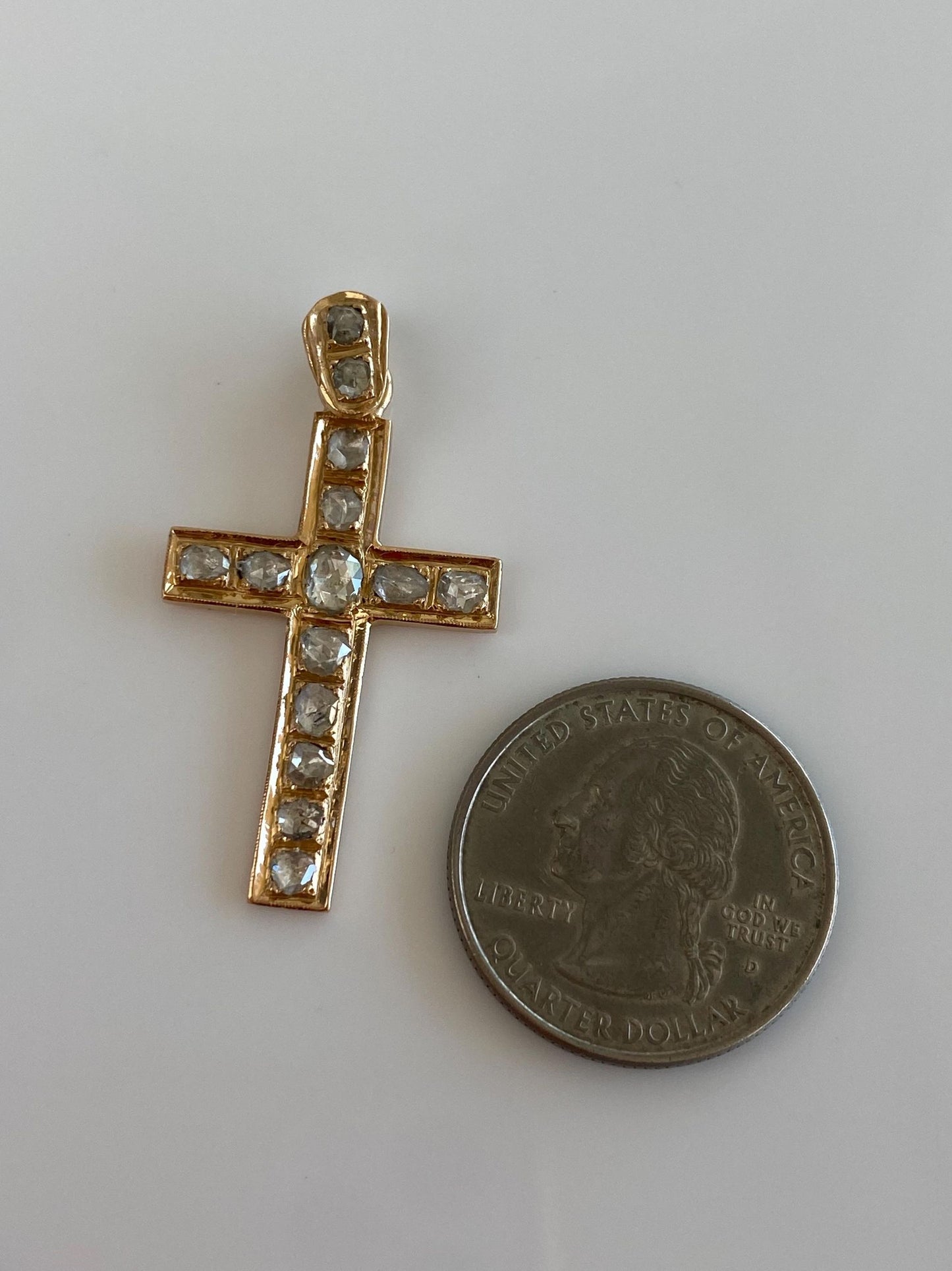Vintage Solid 18k Yellow Gold Raw Diamonds Cross Charm