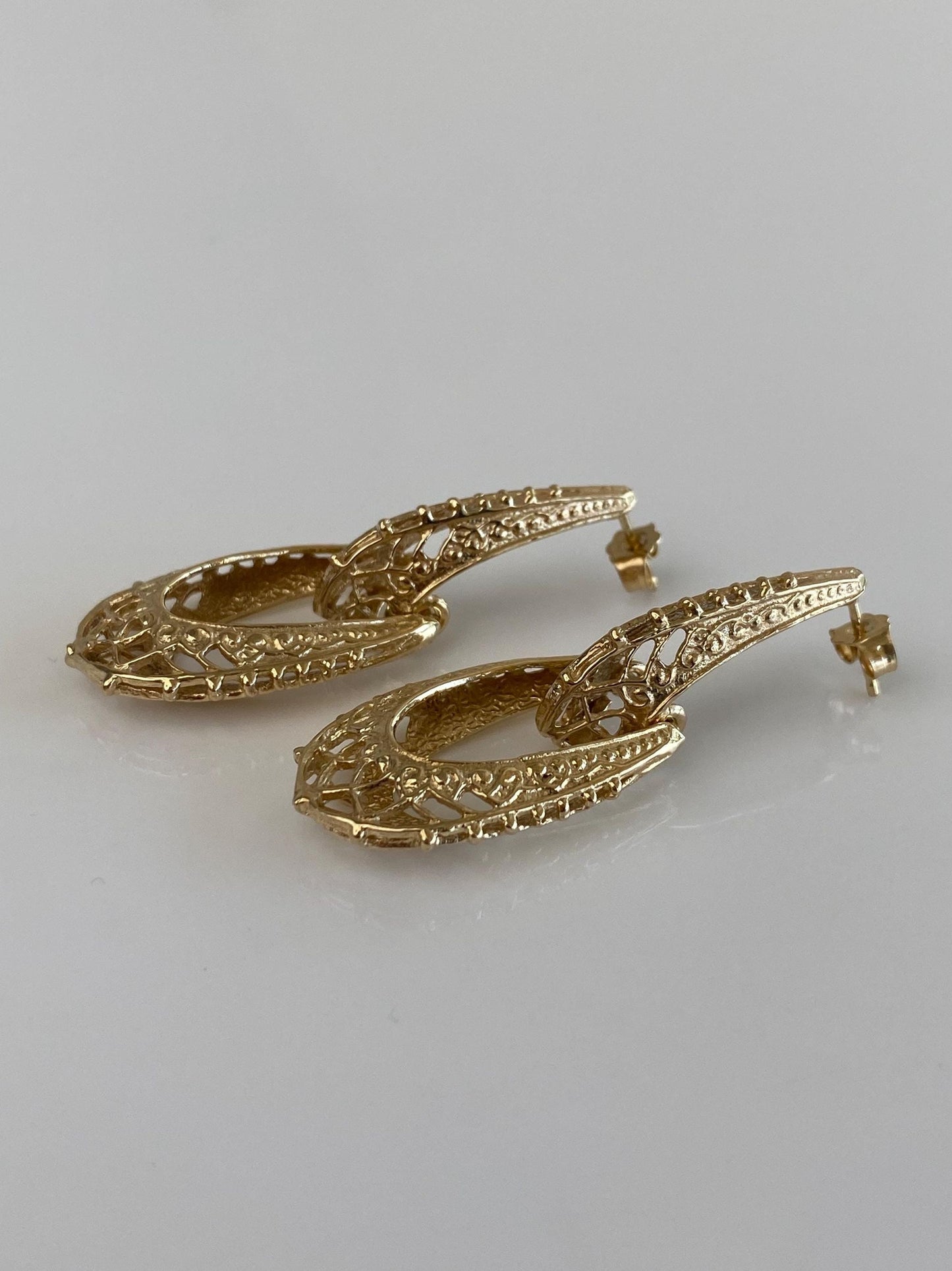 Vintage Solid 14k Yellow Gold Open Work Ornate Design Drop Hoop Stud Earrings