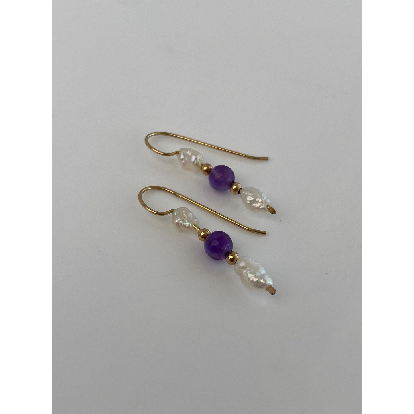 Vintage Solid 14k Yellow Gold Amethyst Pearl Gold Bead Dangle Earrings