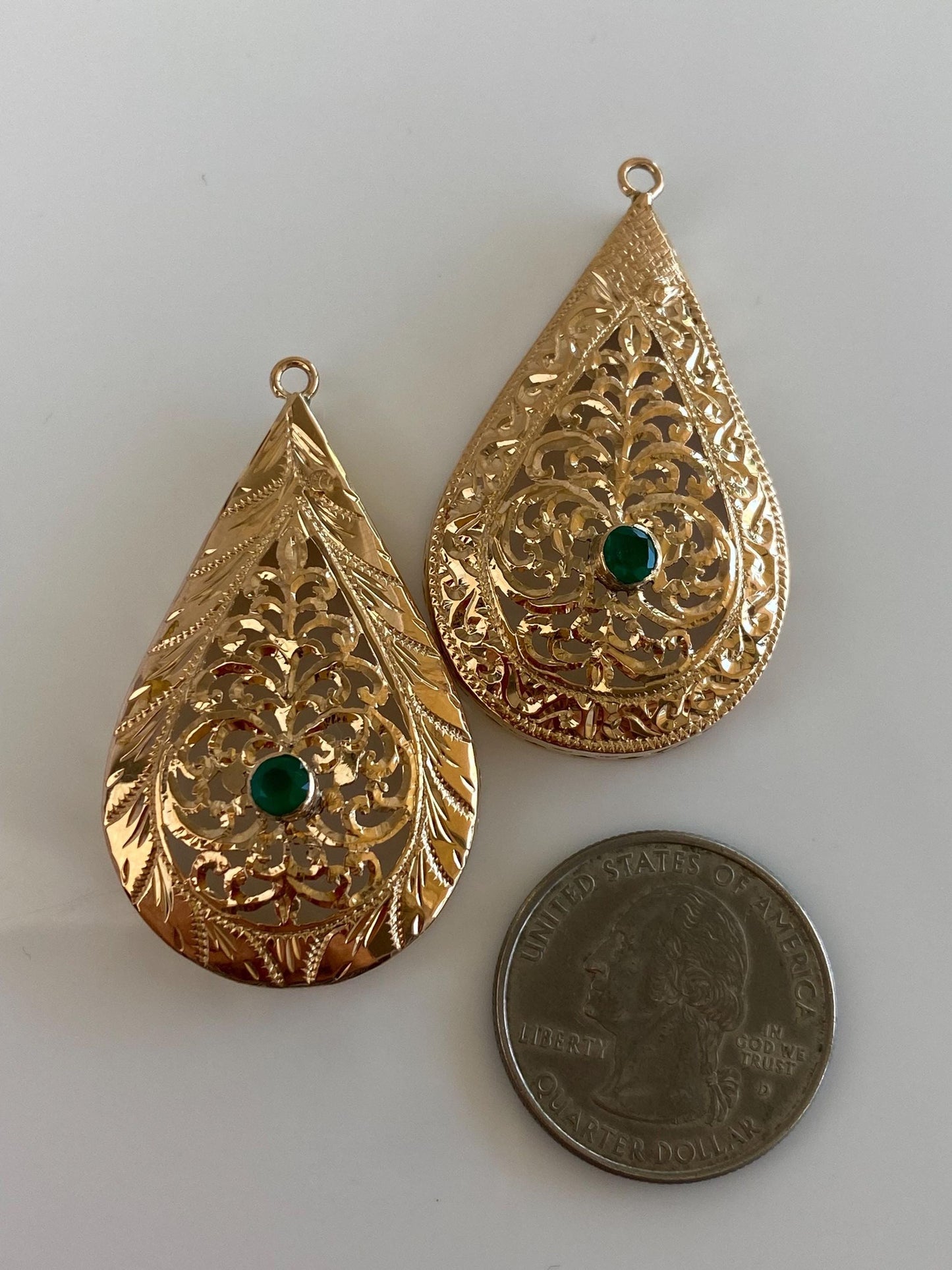 Vintage Solid 18k Yellow Gold Emerald Diamond Cut Teardrop Earring Jackets