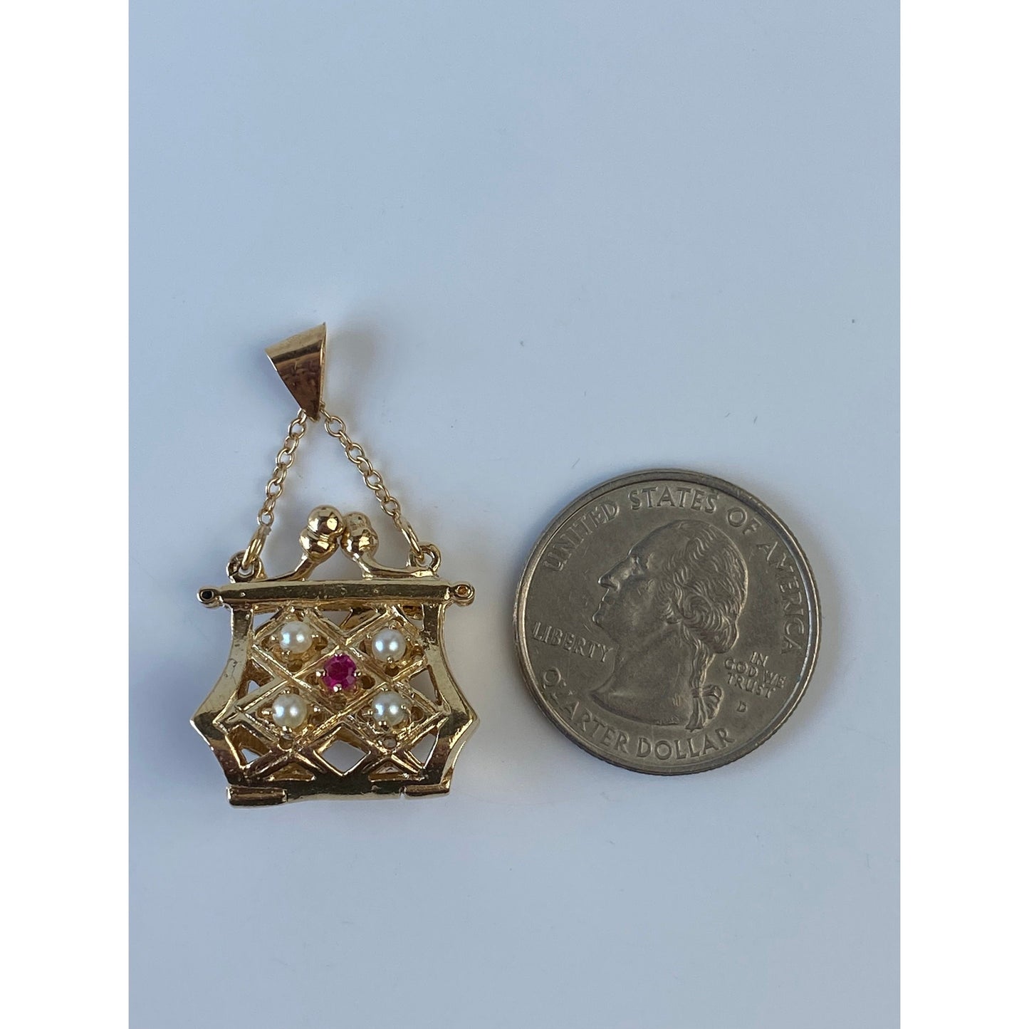 Vintage Solid 14k Yellow Gold Pink Spinel Pearl Articulated Purse Charm