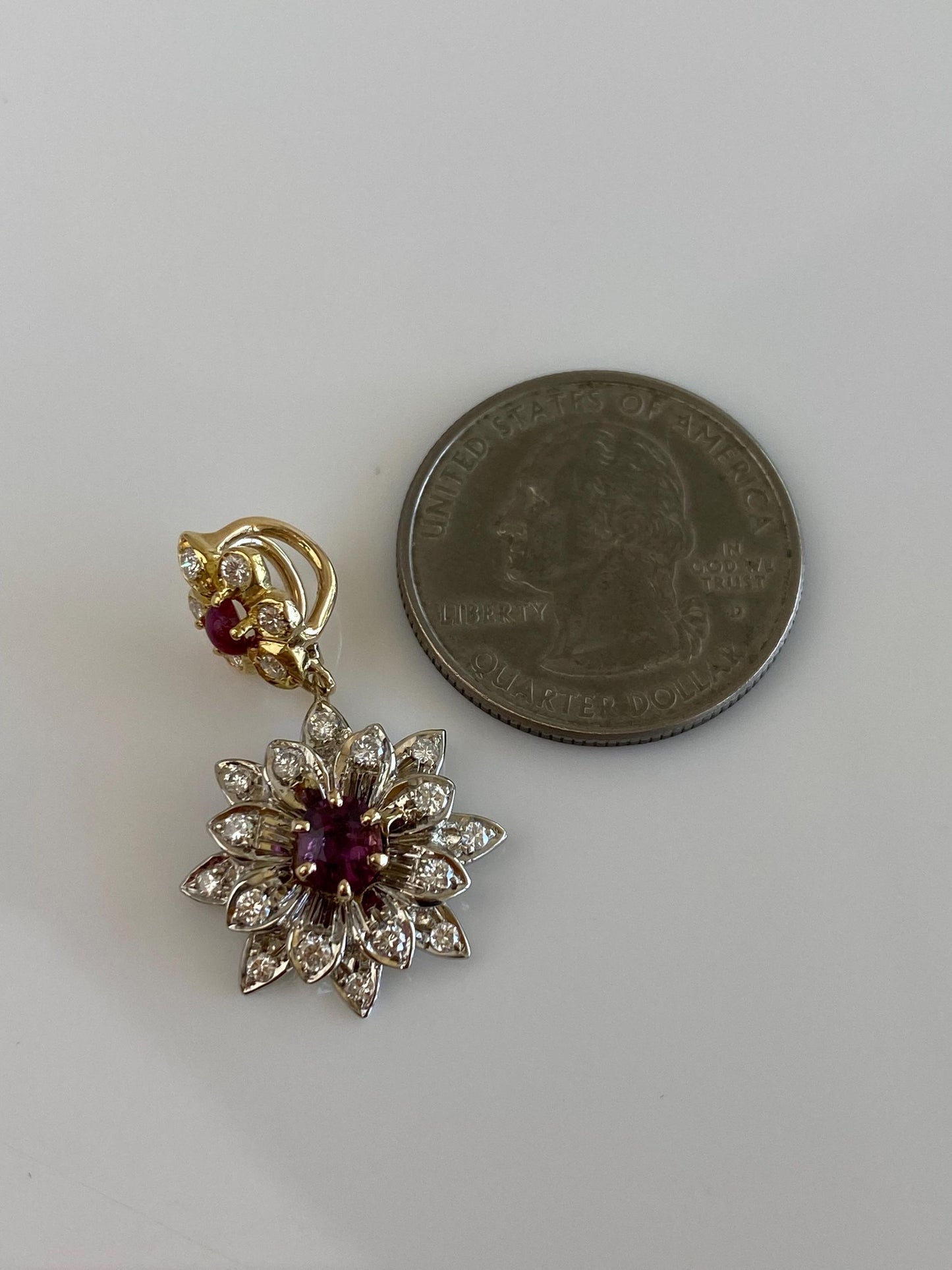Vintage Solid 14k White & Yellow Gold Pink Spinel Clear Sapphire Flower Charm