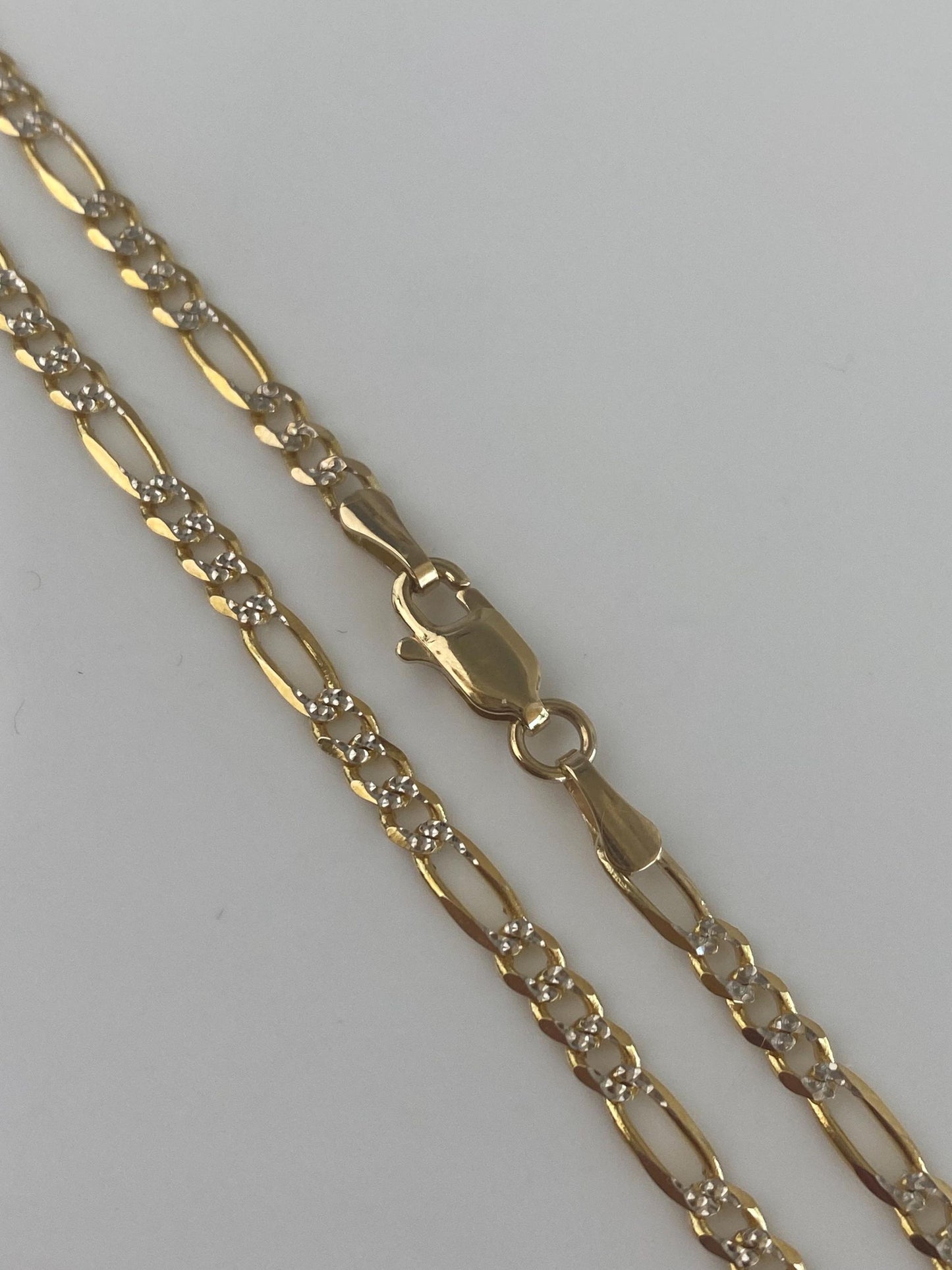 Vintage Solid 14k White & Yellow Gold Diamond Cut Figaro Chain Necklace - 16 inches