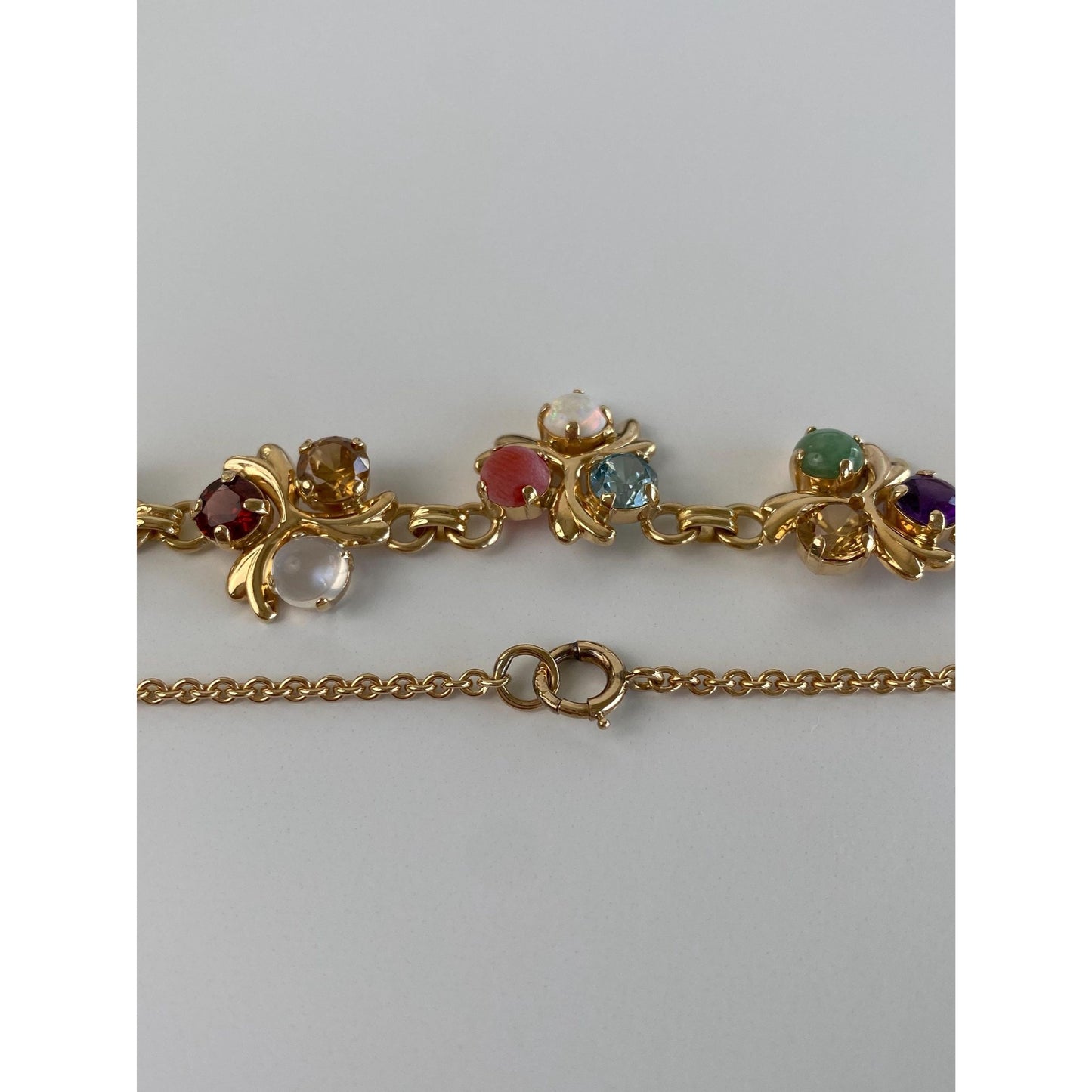 Solid 14k Yellow Gold Topaz Moonstone Amethyst Citrine Opal Garnet Nephrite Cable Link Chain Necklace - 16.25 inches