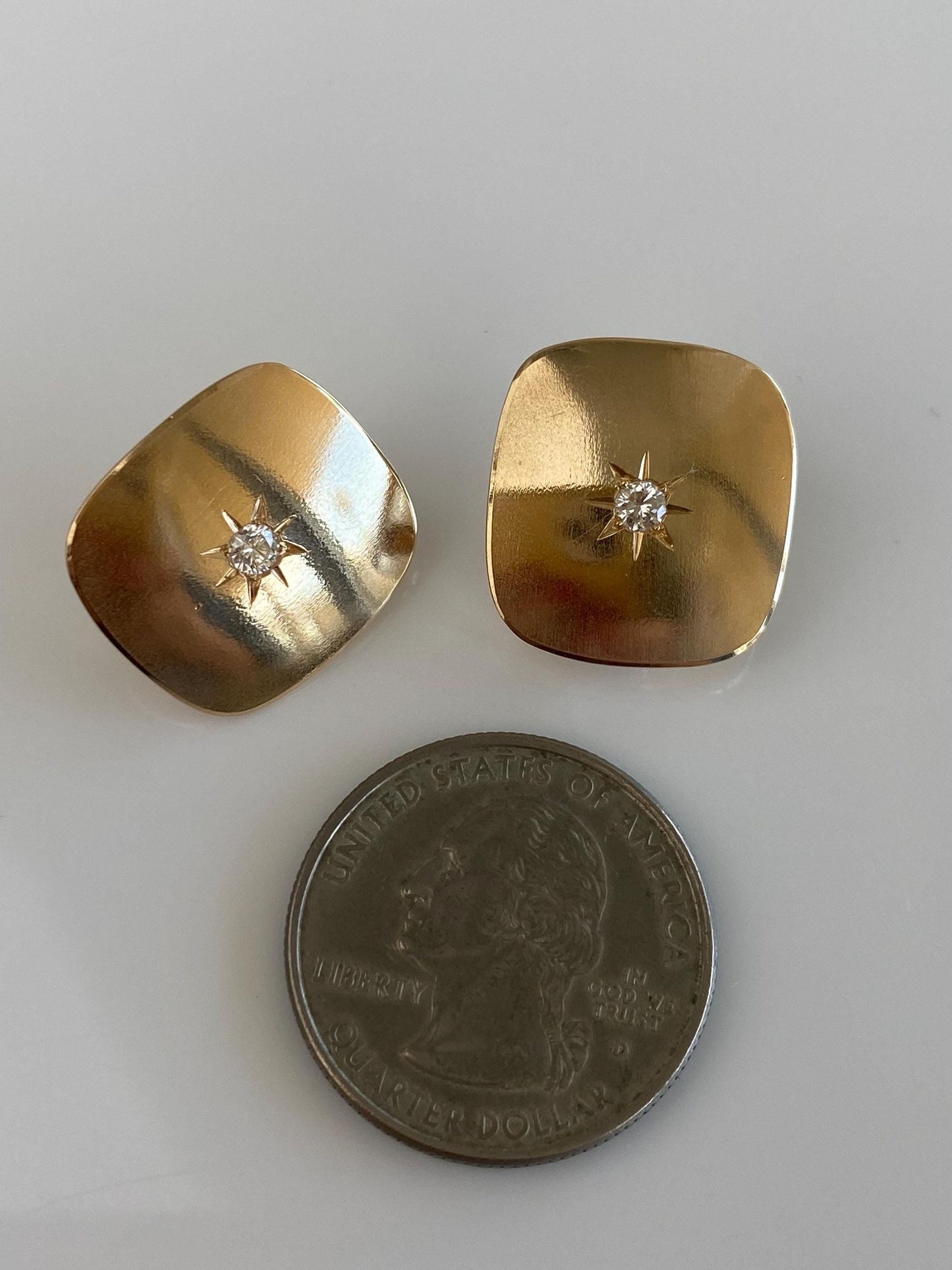 Vintage Solid 14k Yellow Gold Star Set Diamond Square Drop Earrings