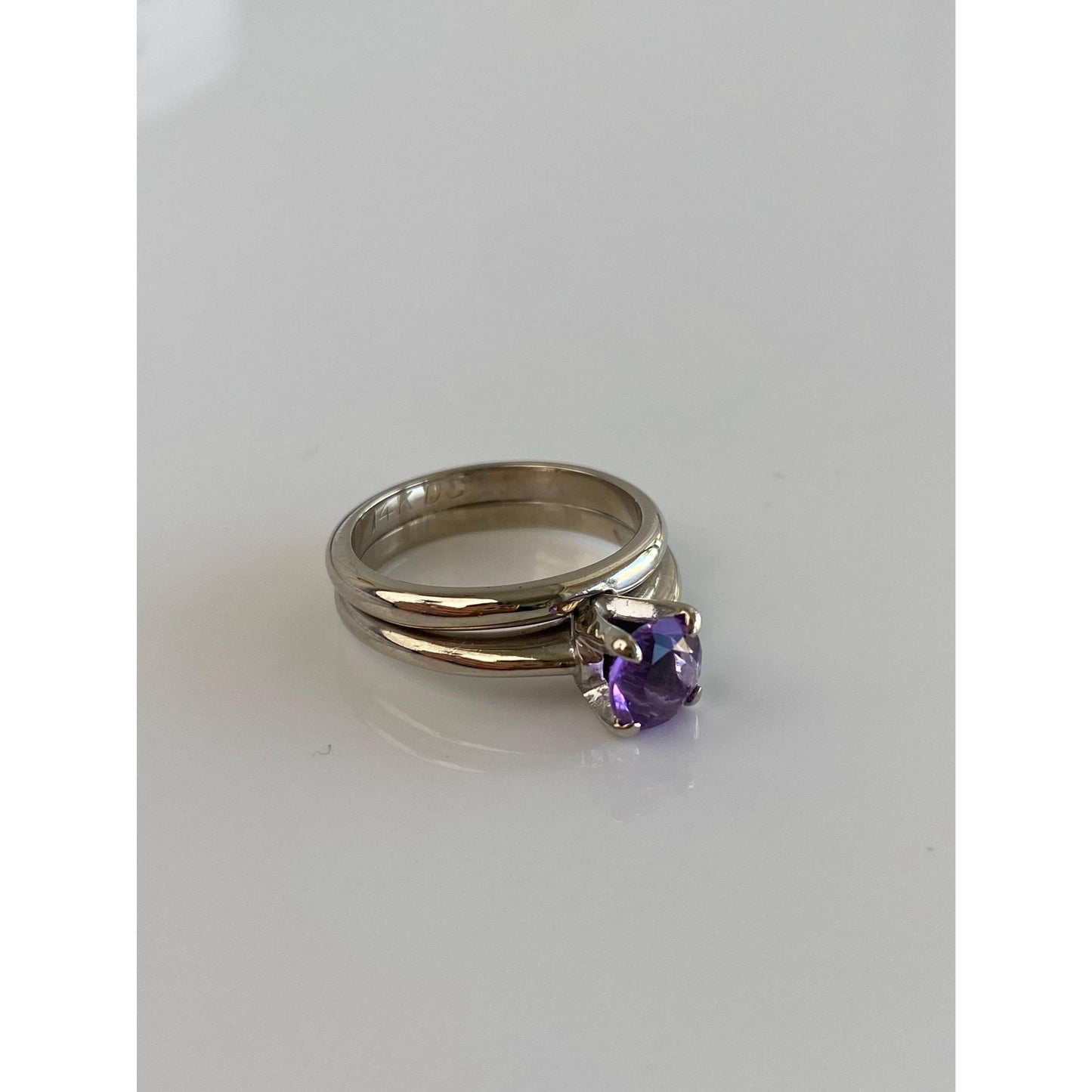 Vintage Solid 14k White Gold Amethyst Double Ring Band - Size 4.75