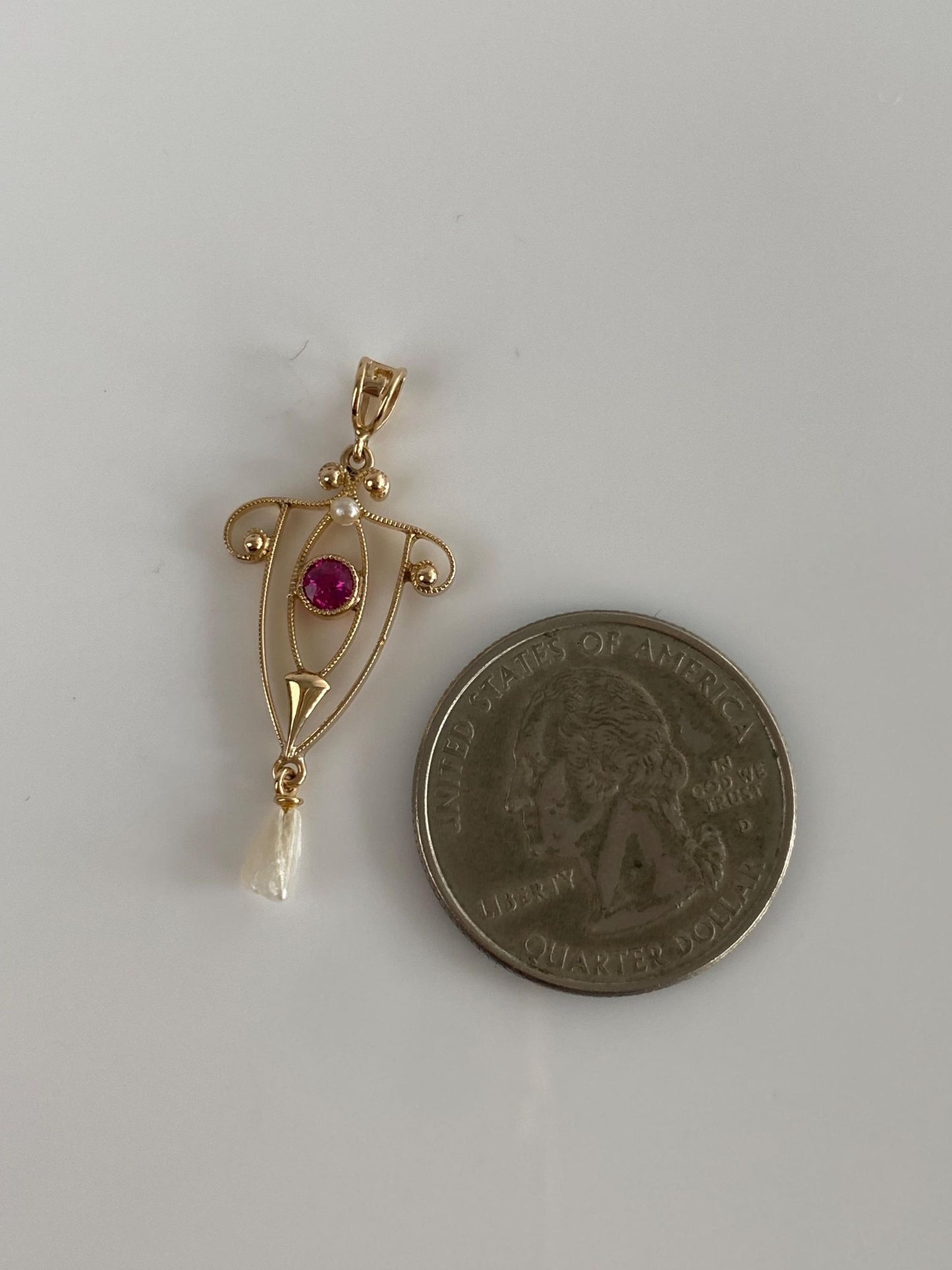 Vintage Solid 10k Yellow Gold Pink Sapphire Pearl Dangle Charm