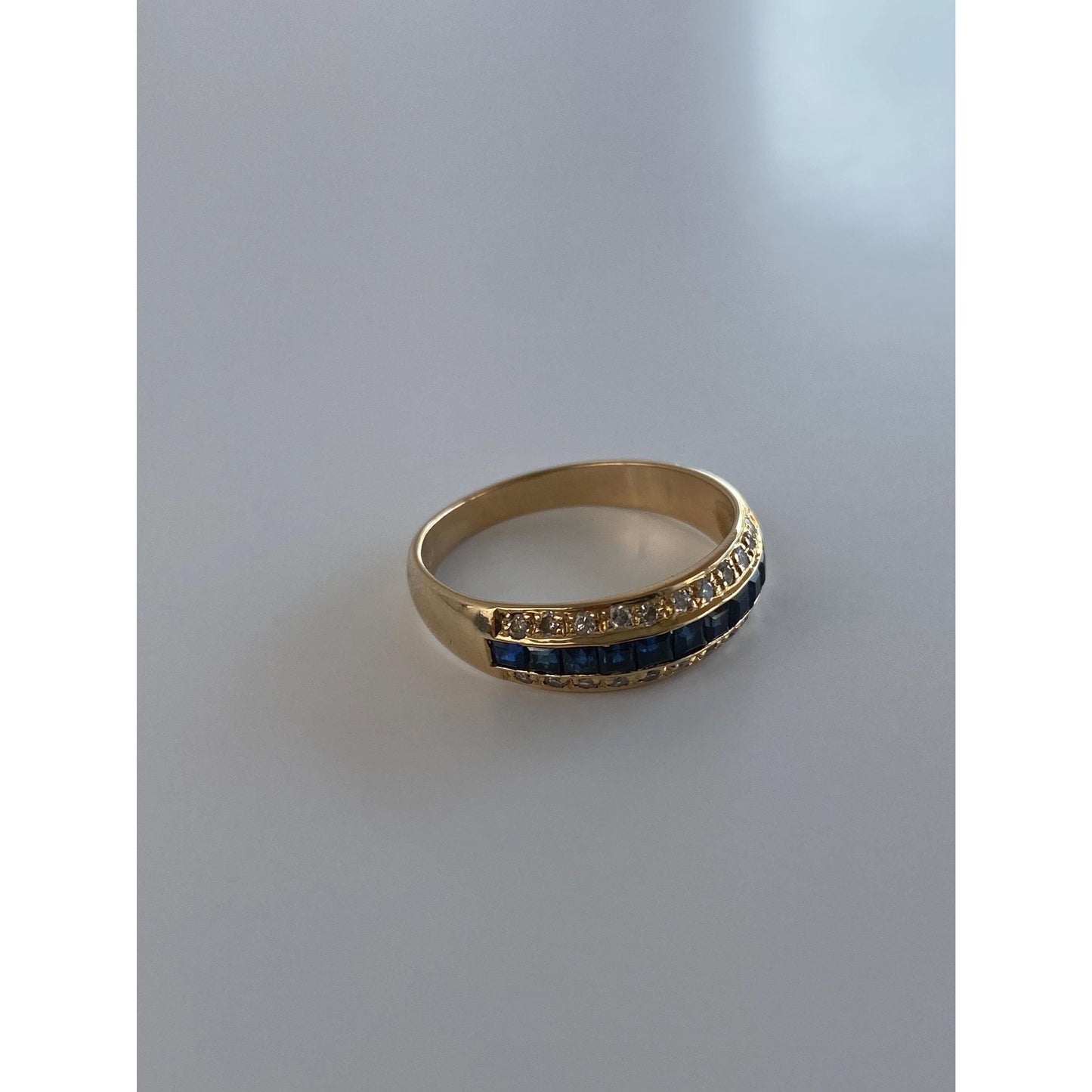 Solid 14k Yellow Gold Sapphire Diamond Ring Band - Size 6.75