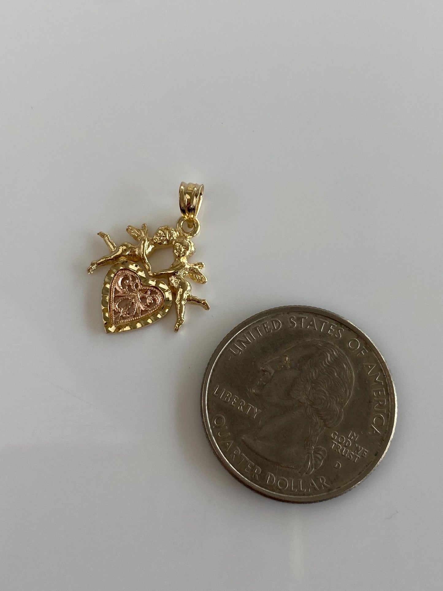Vintage Solid 14k Rose & Yellow Gold Angels Cupids Heart Charm