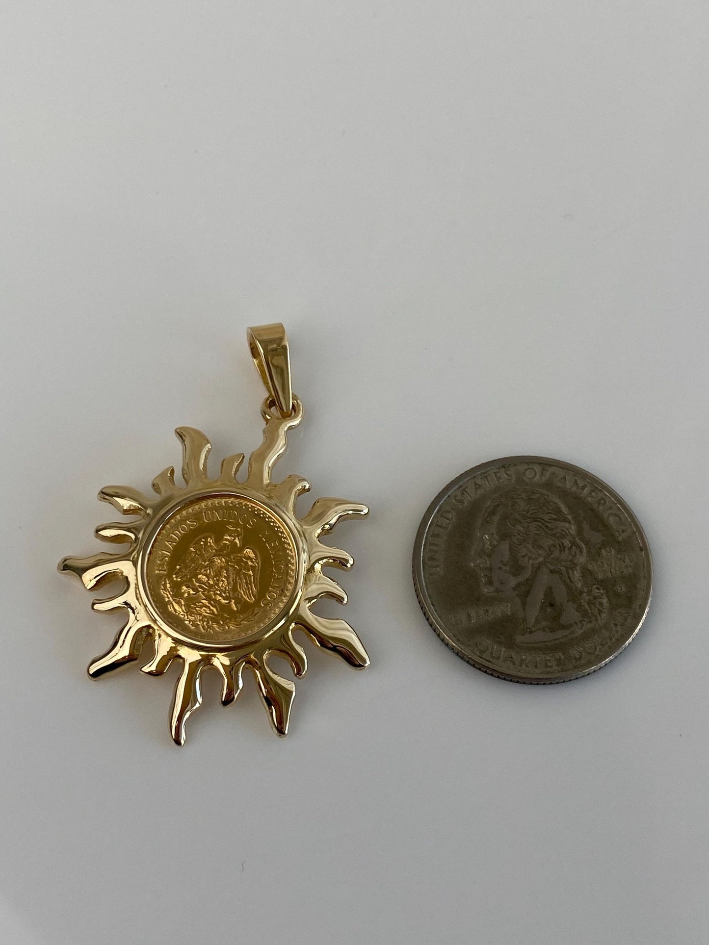 Vintage Solid 14k Yellow Gold Frame & Mexican 2 Peso Gold Coin Pendant