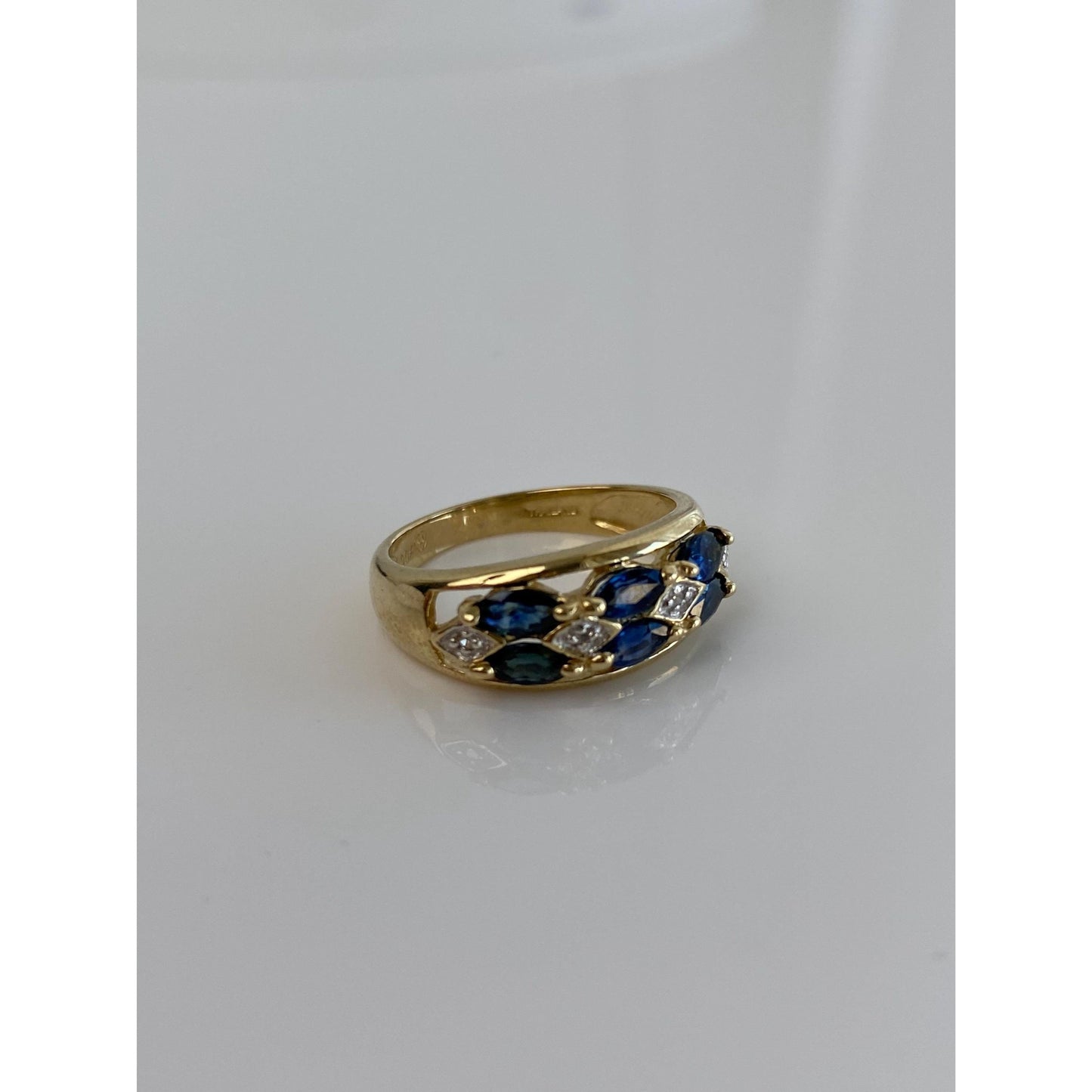 Vintage Solid 10k Yellow Gold Diamond Blue Sapphire Ring Band - Size 5.75