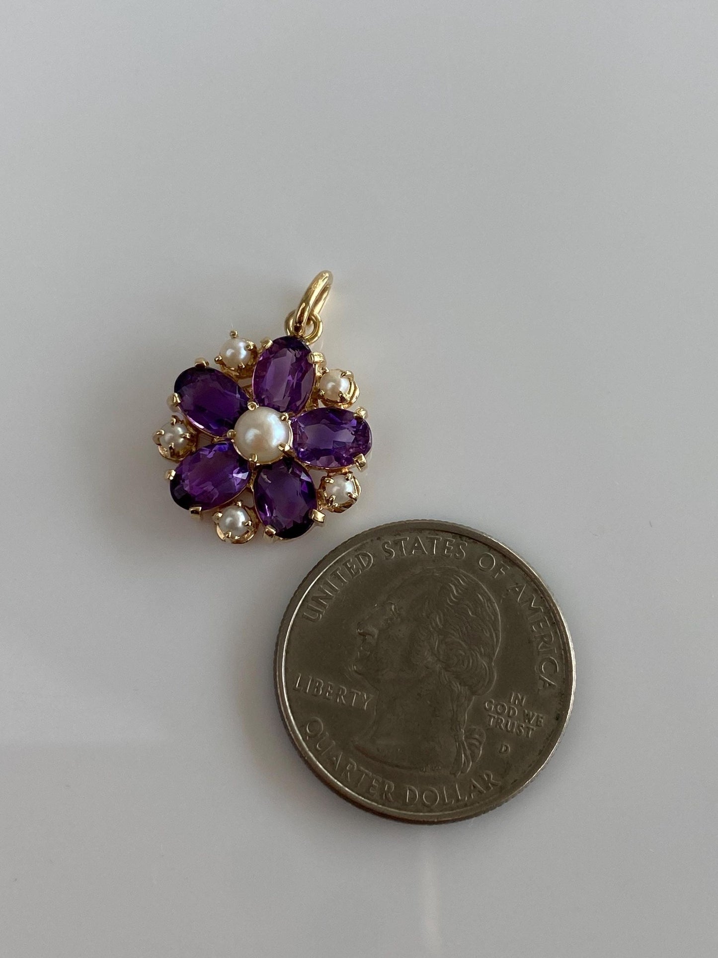 Vintage Solid 14k Yellow Gold Amethyst Pearls Charm