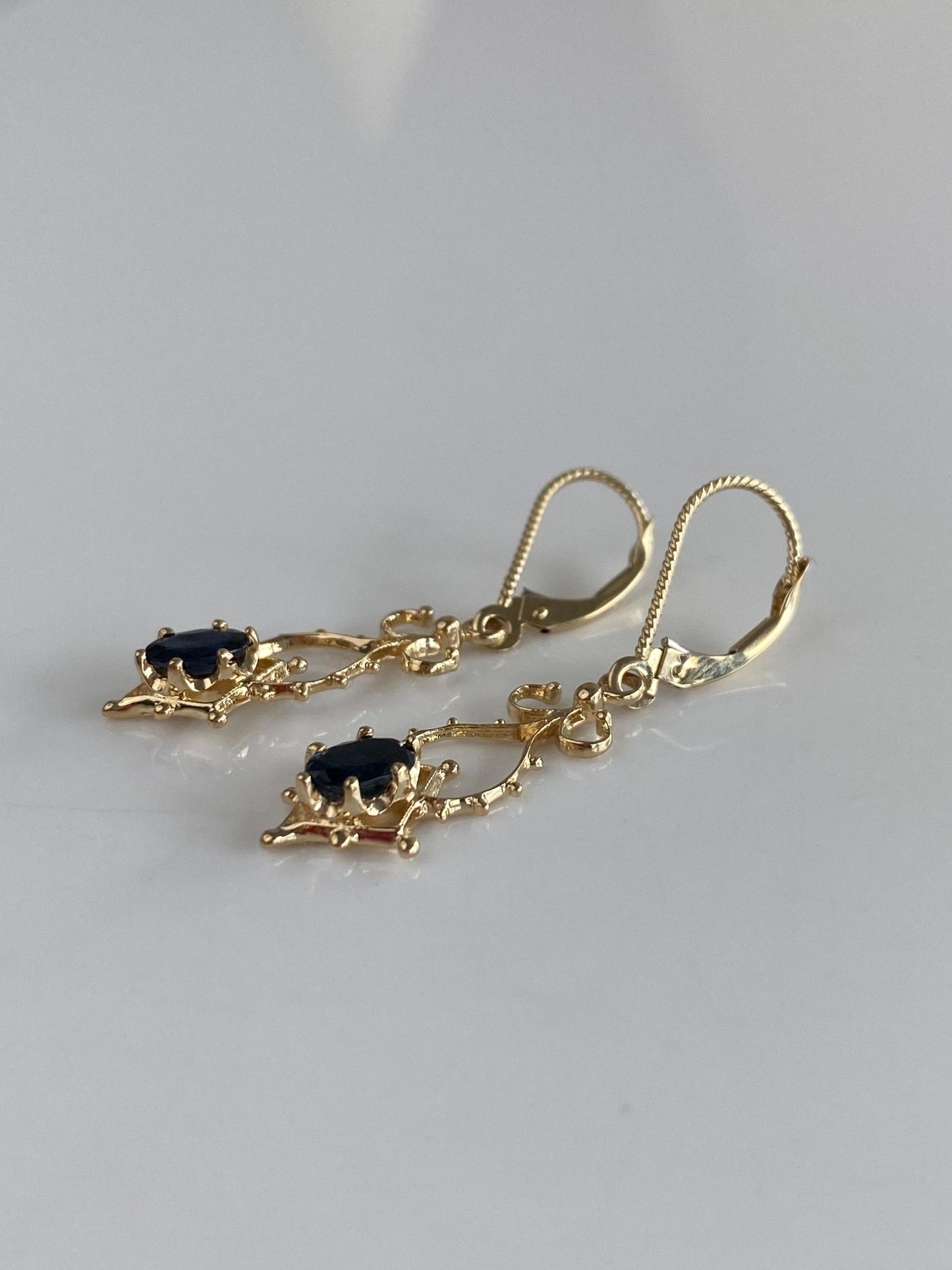 Vintage Solid 14k Yellow Gold Blue Sapphire Ornate Dangle Earrings
