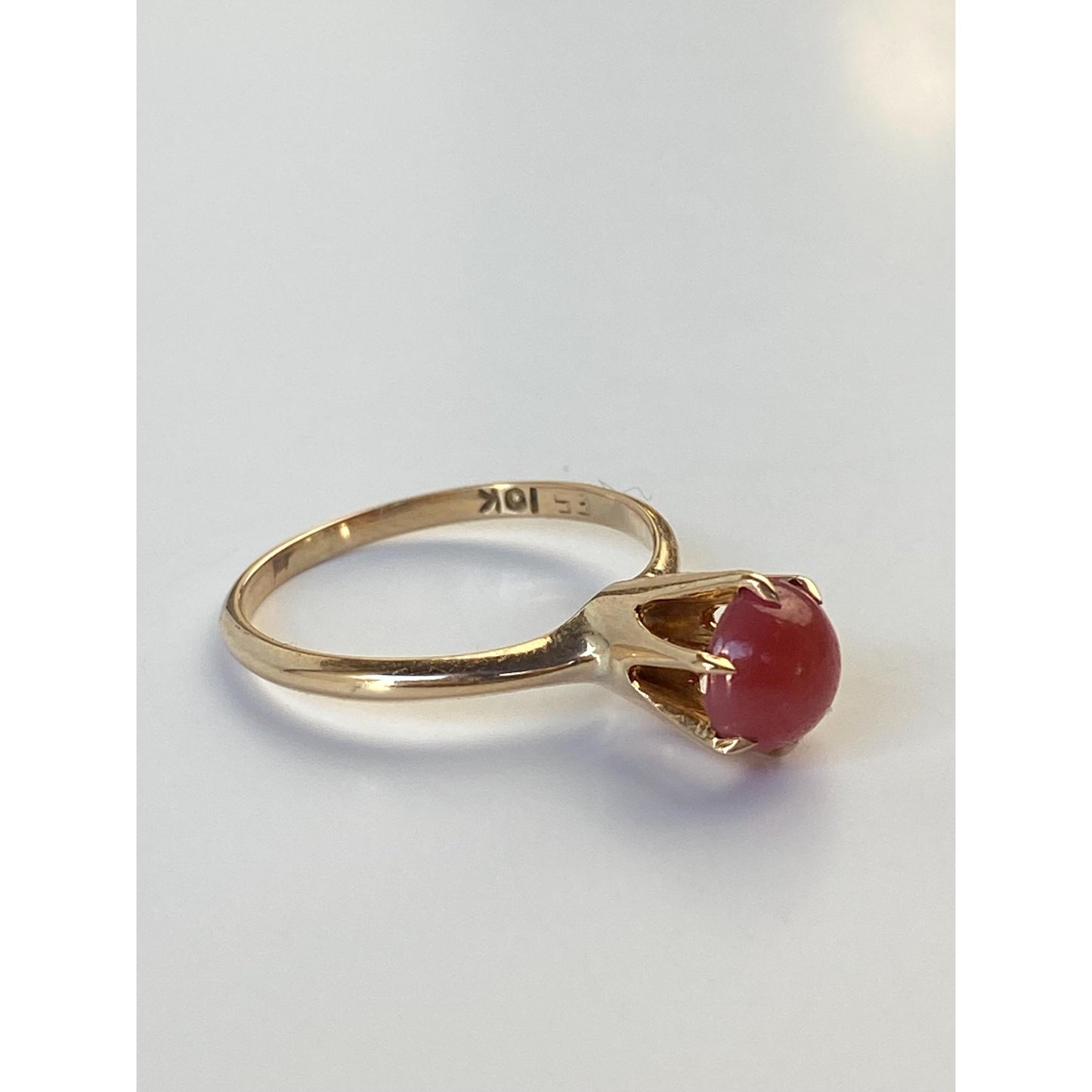 Vintage Solid 10k Yellow Gold Red Pink Cabochon Ring - Size 7.25
