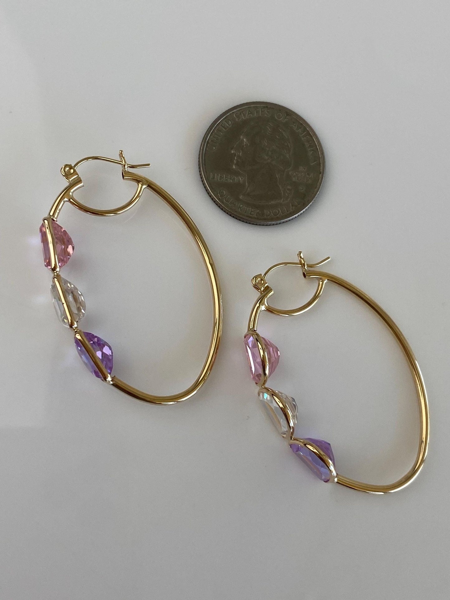 Vintage 14k Yellow Gold Pink Clear Purple Half Moon Cubic Zirconia Hoop Earrings