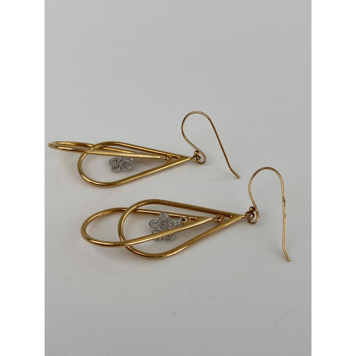 Vintage 14k Yellow Gold & Little White Gold Flower Dangle Earrings