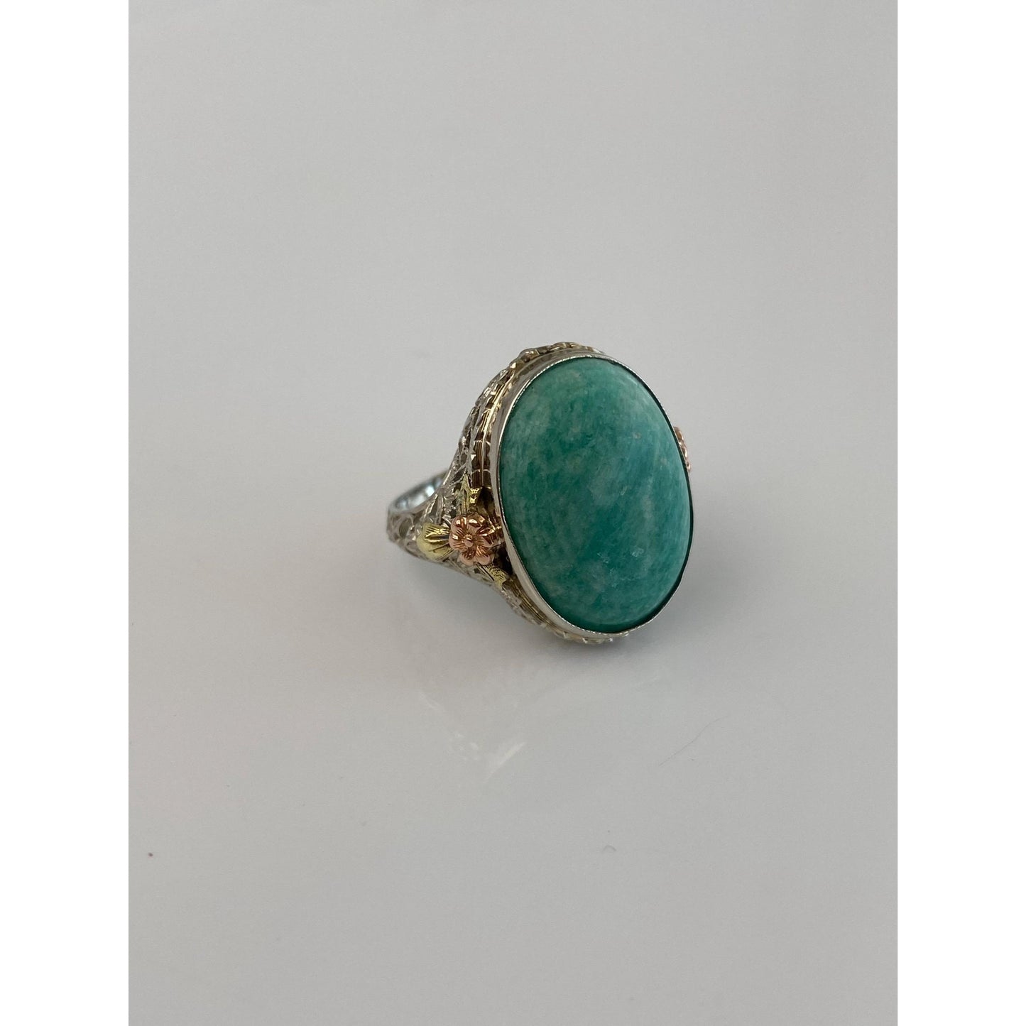 Vintage Solid 14k Tri Tone Gold Art Deco Amazonite Ring - Size 3.75