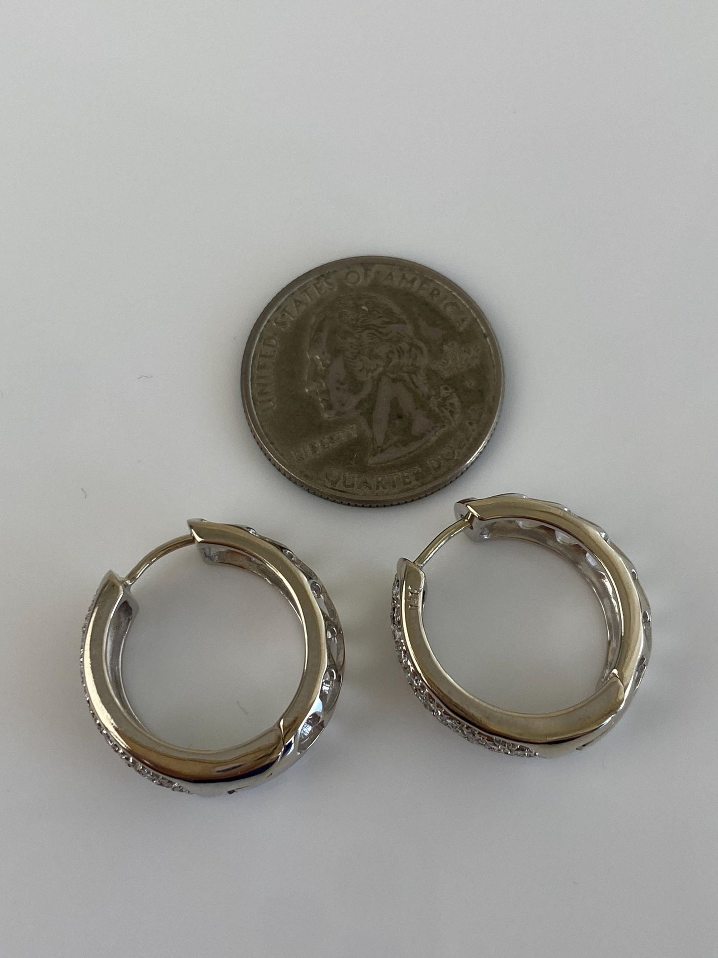 Vintage Solid 14k White Gold Diamond Open Work Hoop Earrings