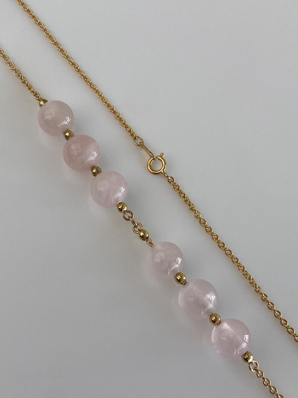 Vintage Solid 18k Yellow Gold Rose Quartz Beads Tight Rolo Chain Necklace - 21 inches