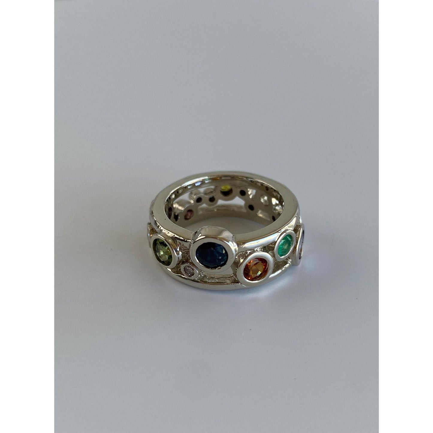 Solid 14k White Gold Diamond Peridot Sapphire Emerald Tanzanite Spinel Ring Band - Size 5.75