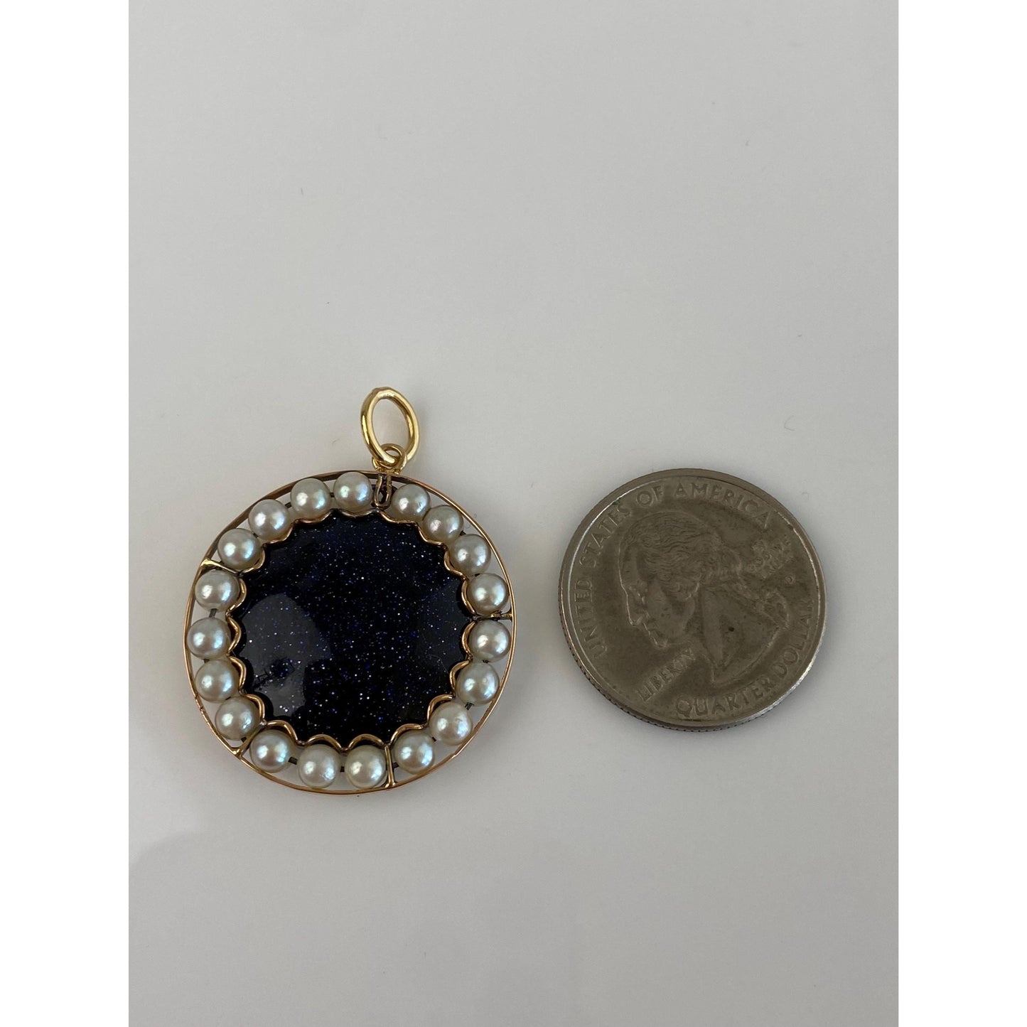 Vintage Solid 14k Yellow Gold Blue Sunstone Pearl Halo Charm